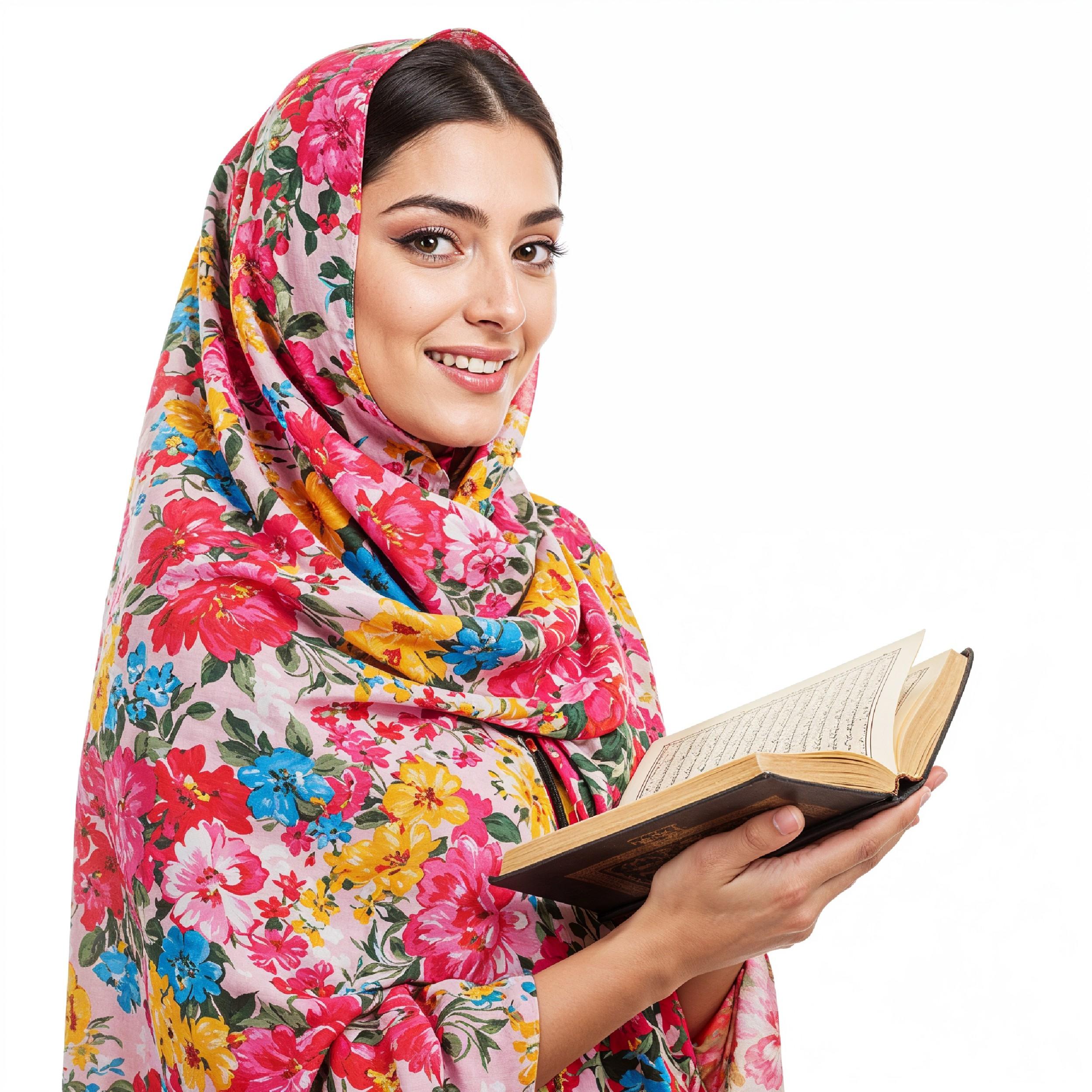 Young Muslim Woman Reading Holy Quran Wearing Colorful Floral Hijab in Studio Portrait