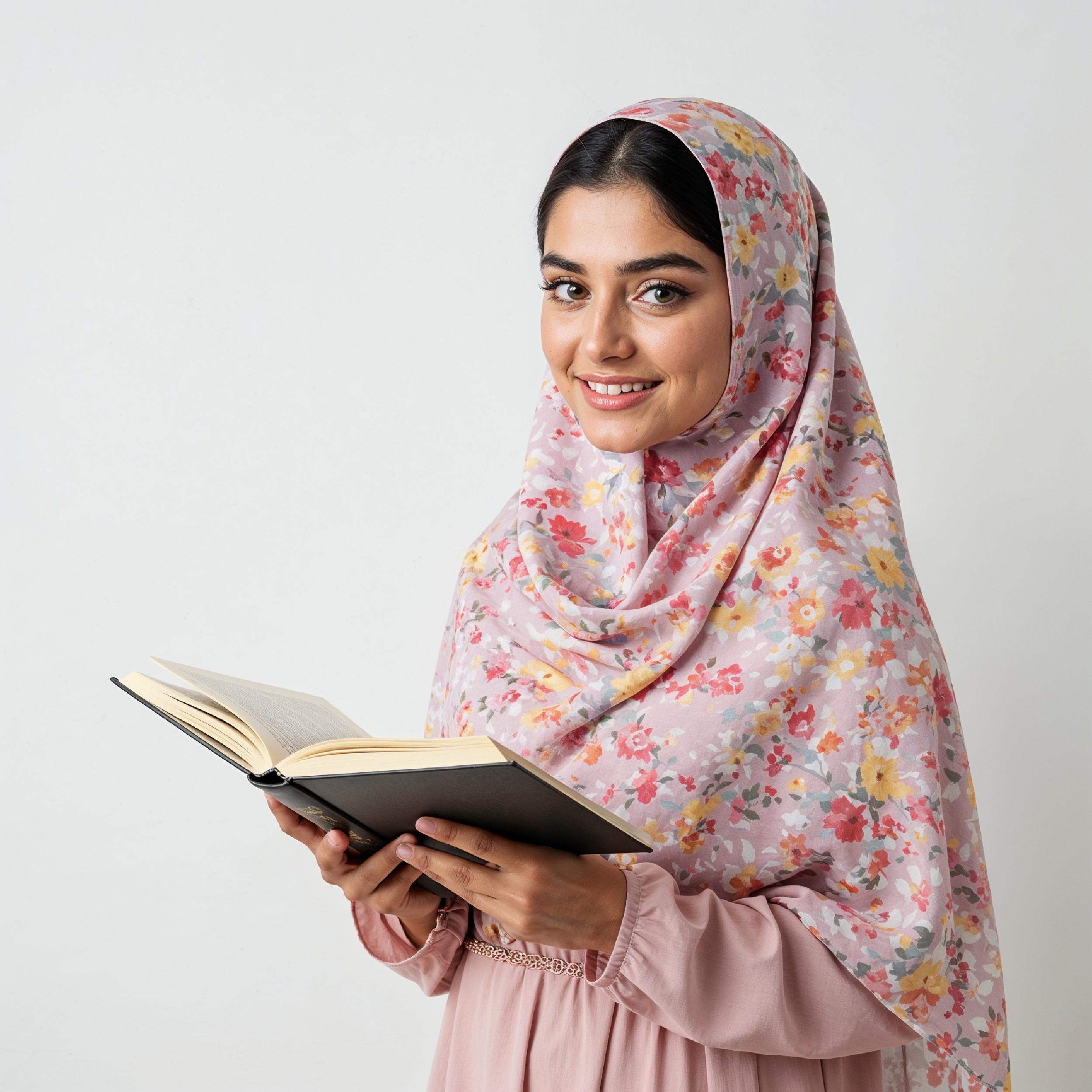 Young Muslim Woman Reading Holy Quran Wearing Colorful Floral Hijab in Studio Portrait