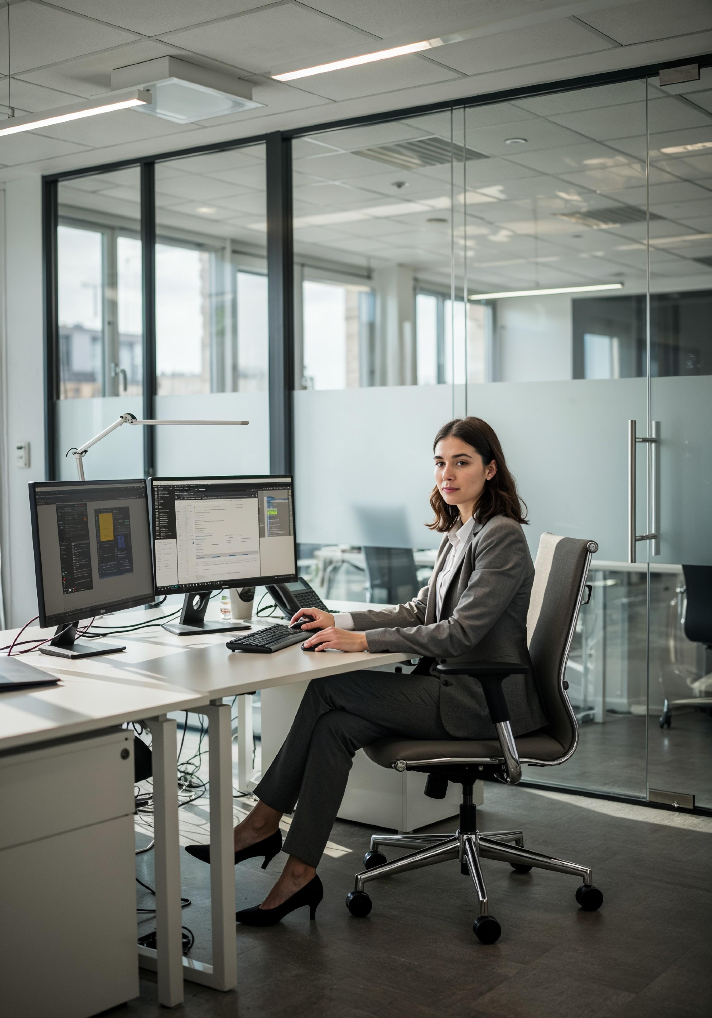 Young Professional Woman Working on Laptop in Modern Office Workspace