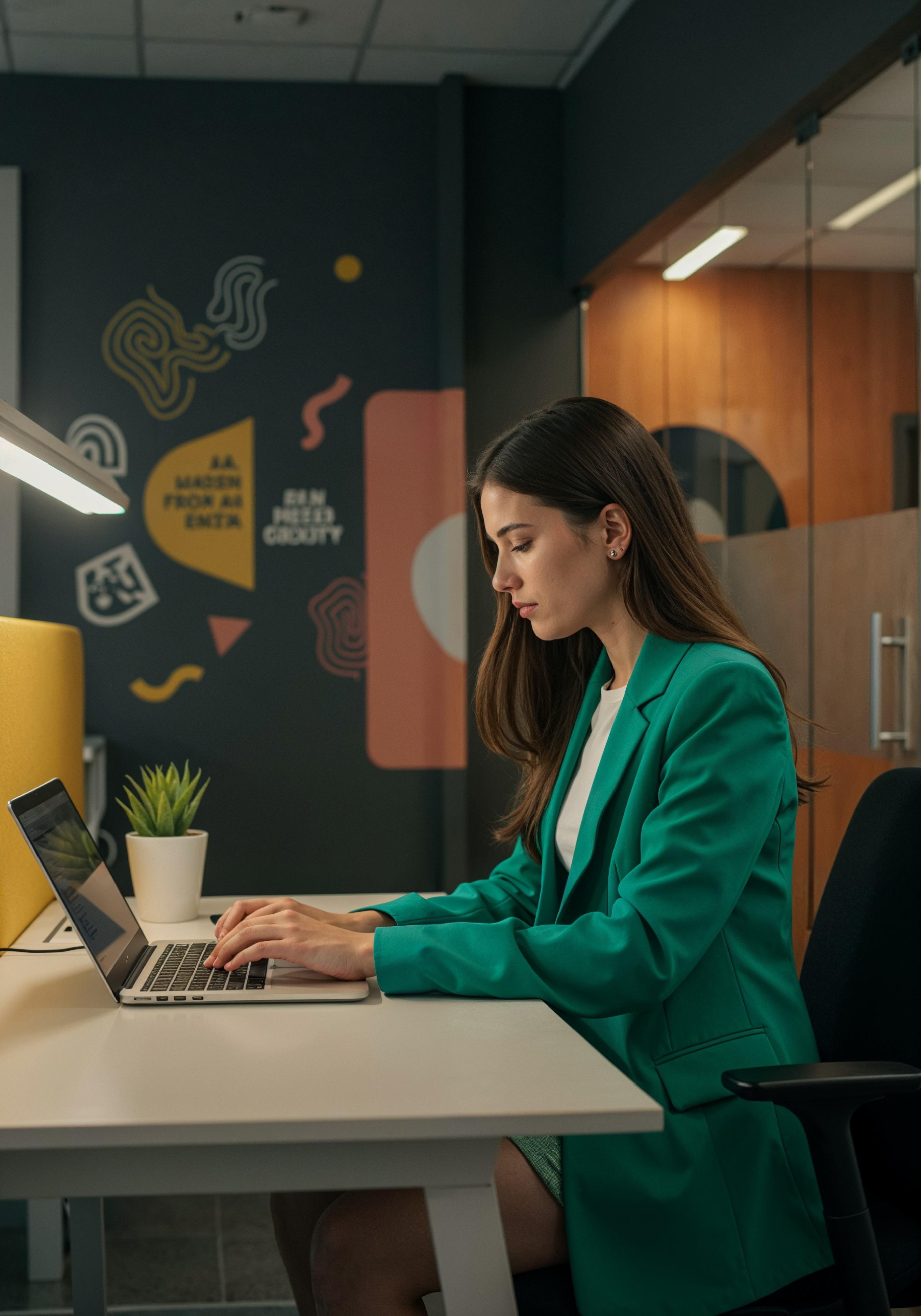 Young Professional Woman Working on Laptop in Modern Office Workspace