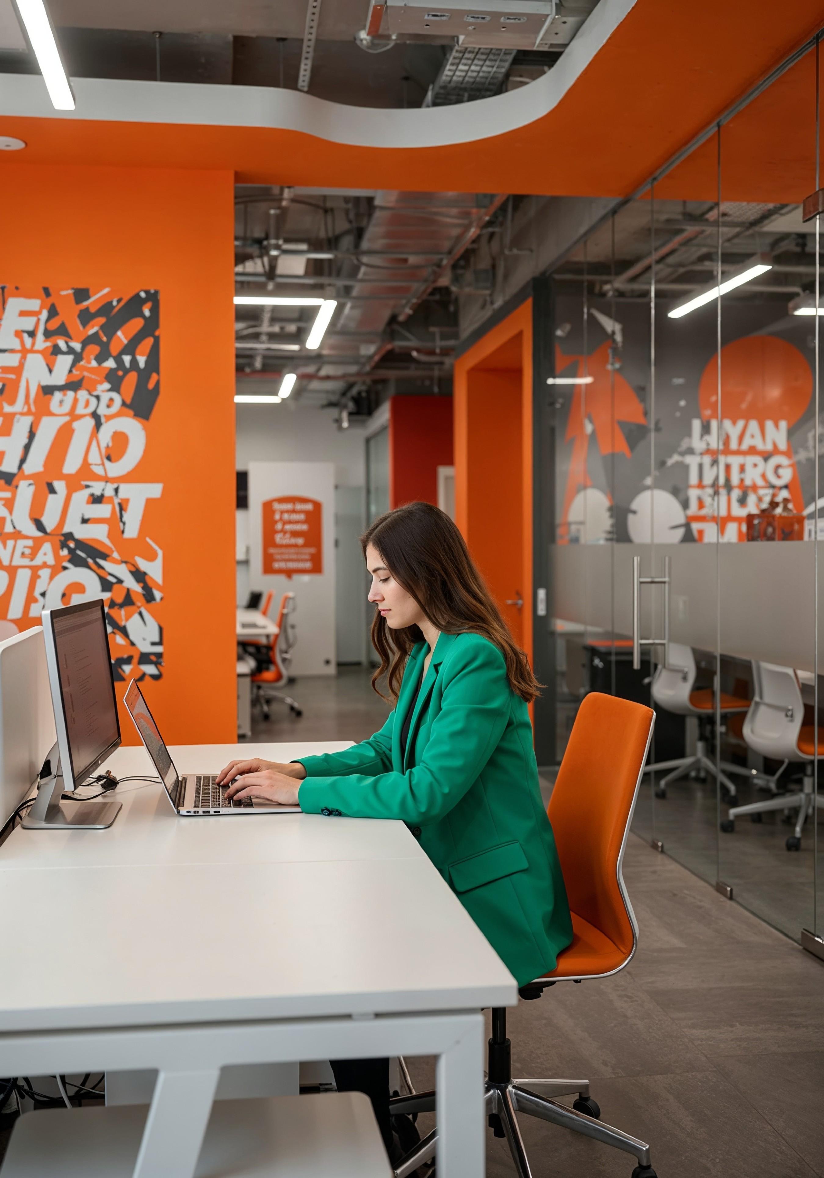 Young Professional Woman Working on Laptop in Modern Office Workspace