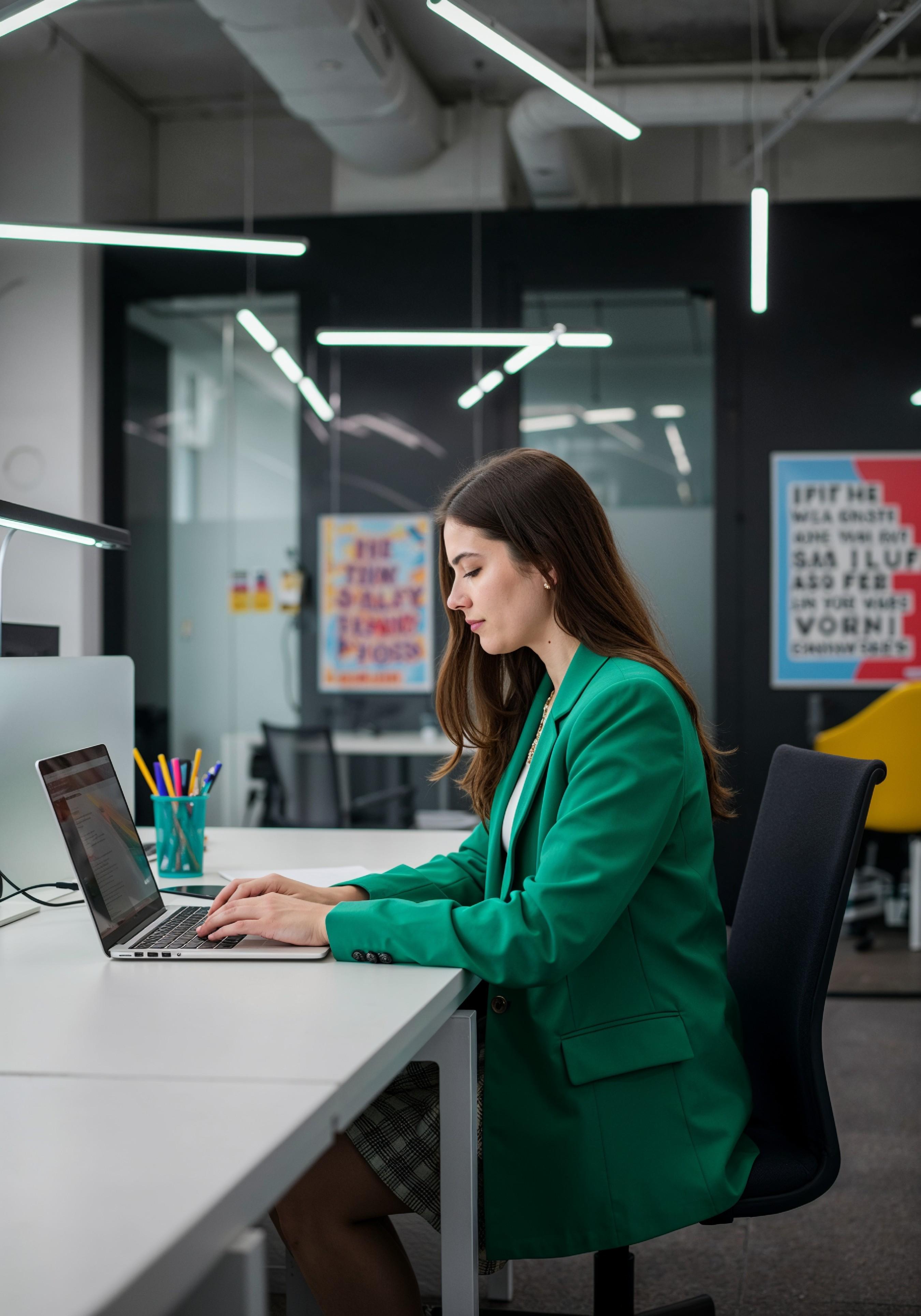 Young Professional Woman Working on Laptop in Modern Office Workspace