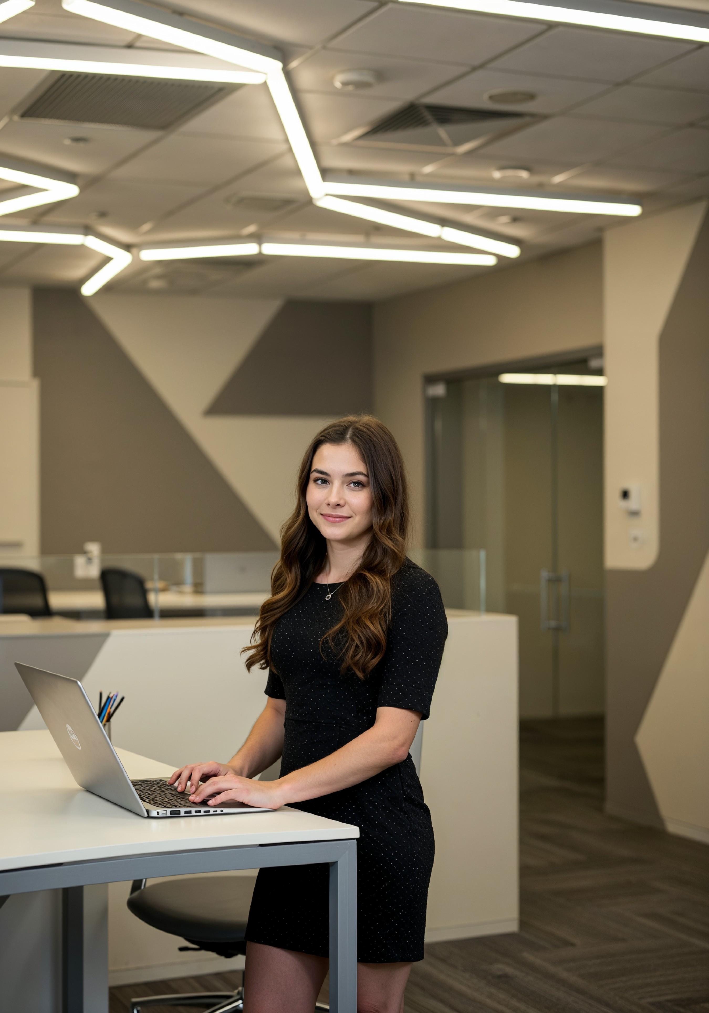 Young Professional Woman Working on Laptop in Modern Office Workspace