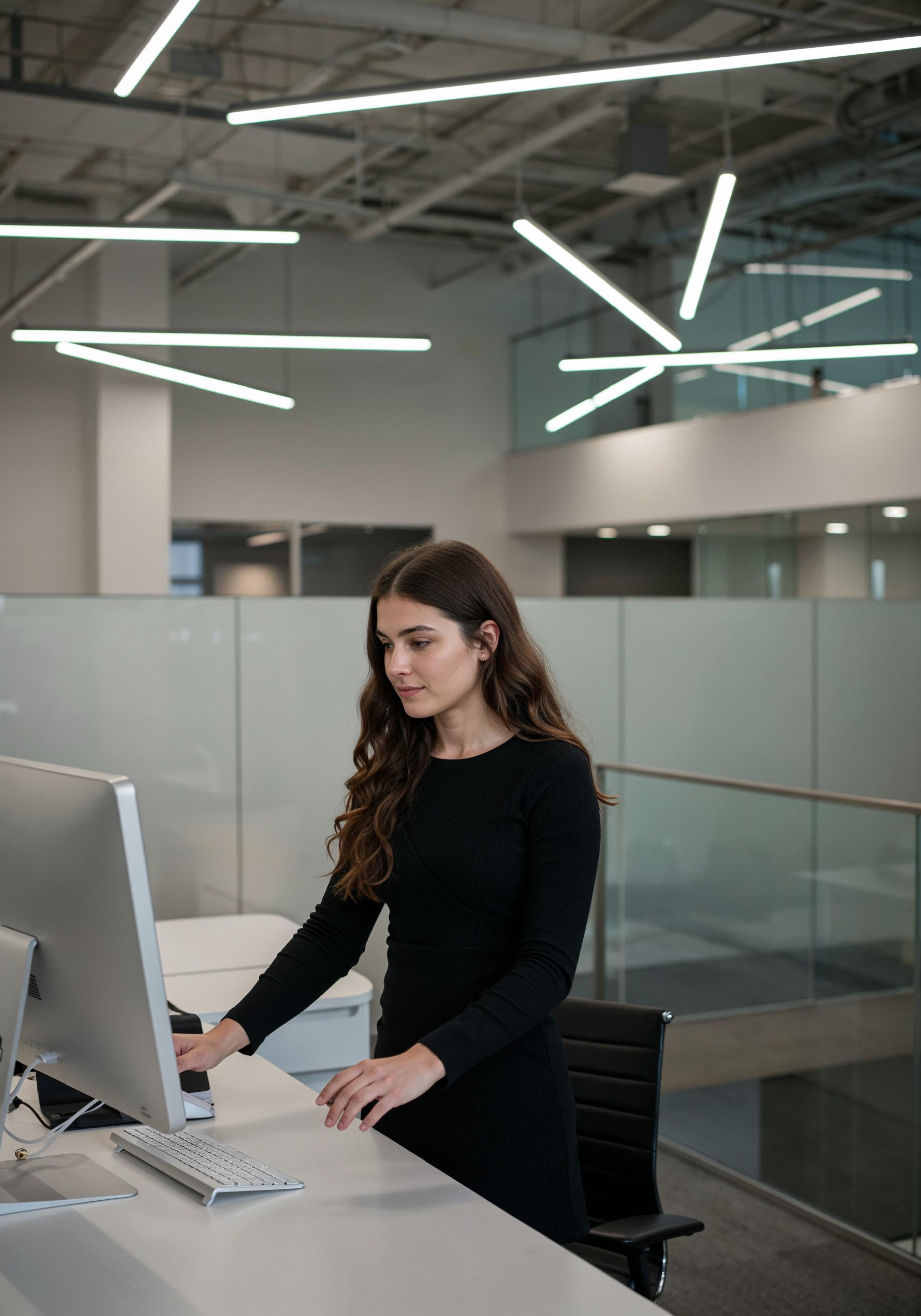Young Professional Woman Working on Laptop in Modern Office Workspace