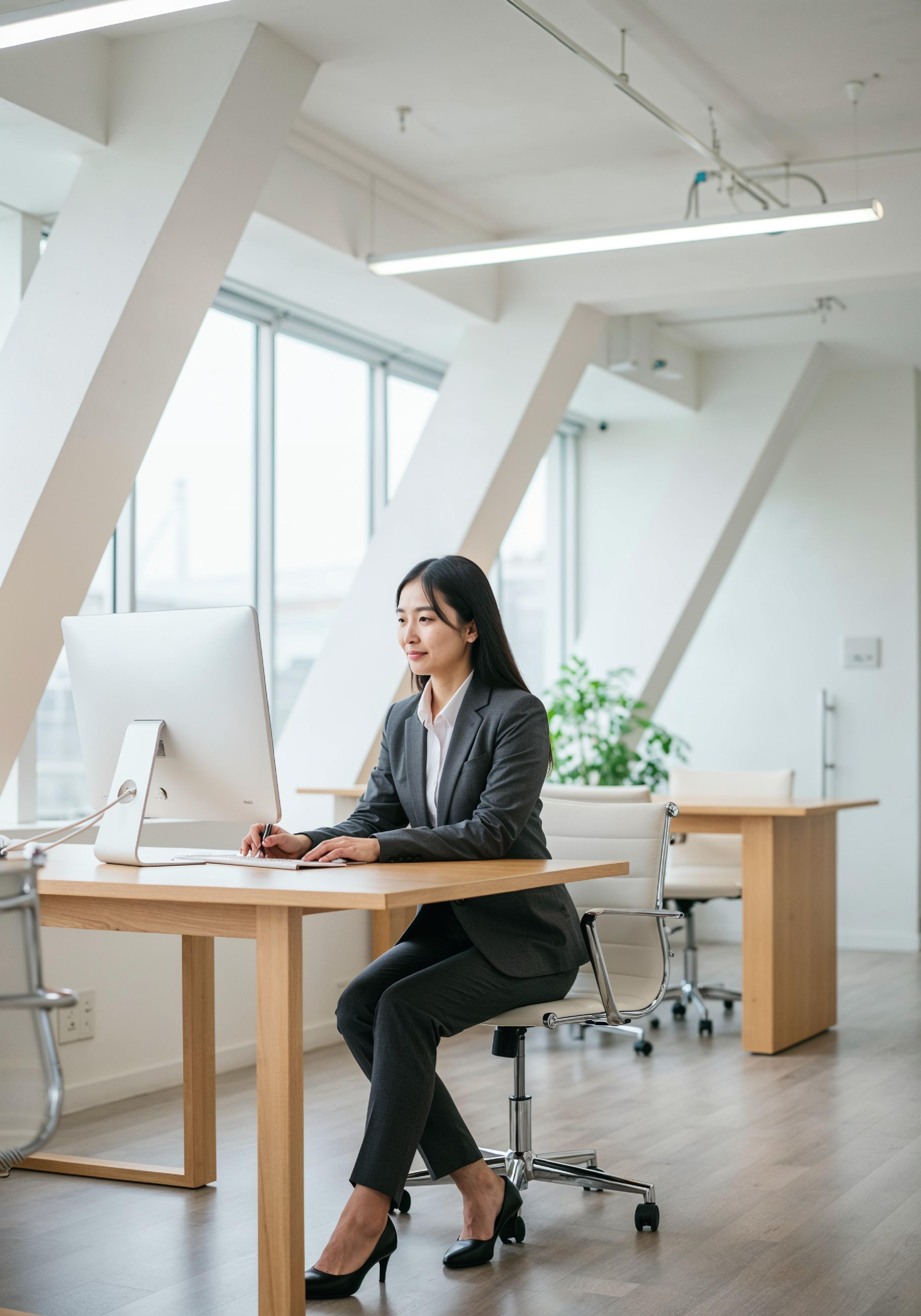 Young Professional Woman Working on Laptop in Modern Office Workspace