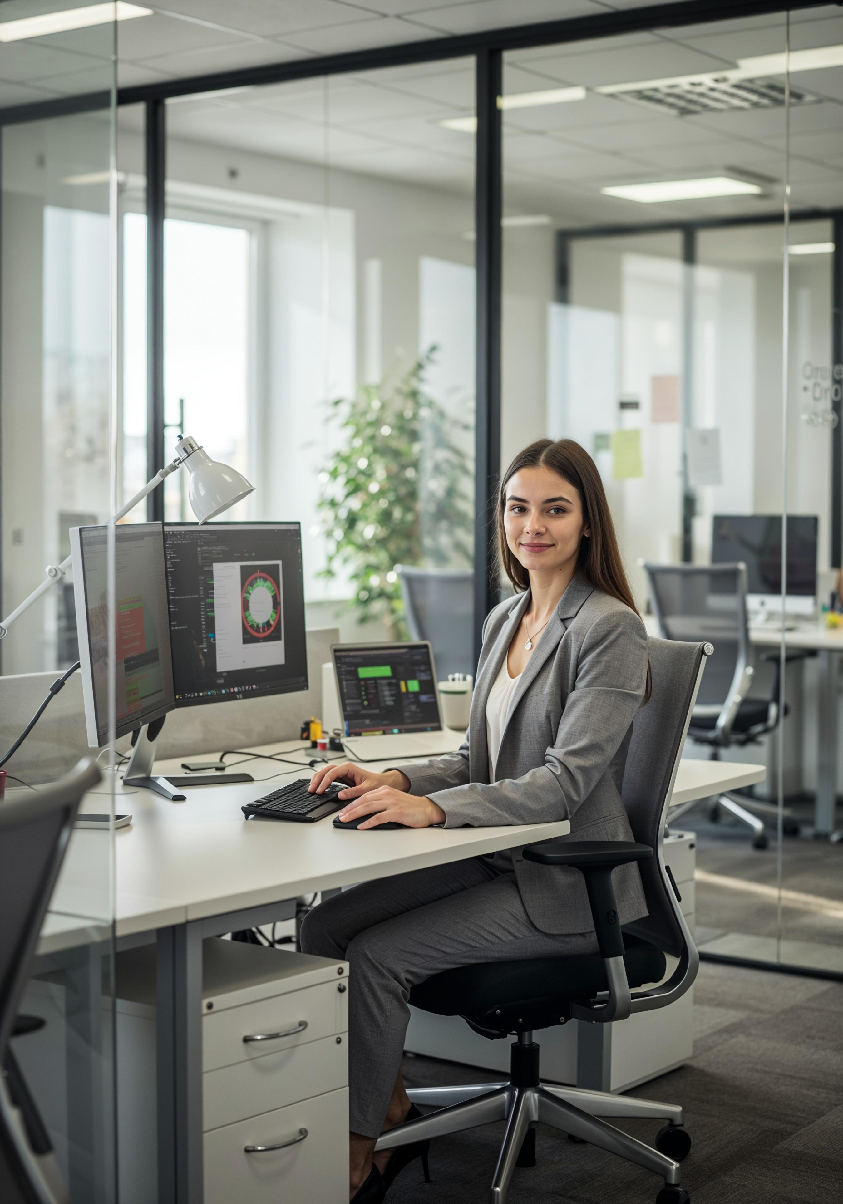 Young Professional Woman Working on Laptop in Modern Office Workspace