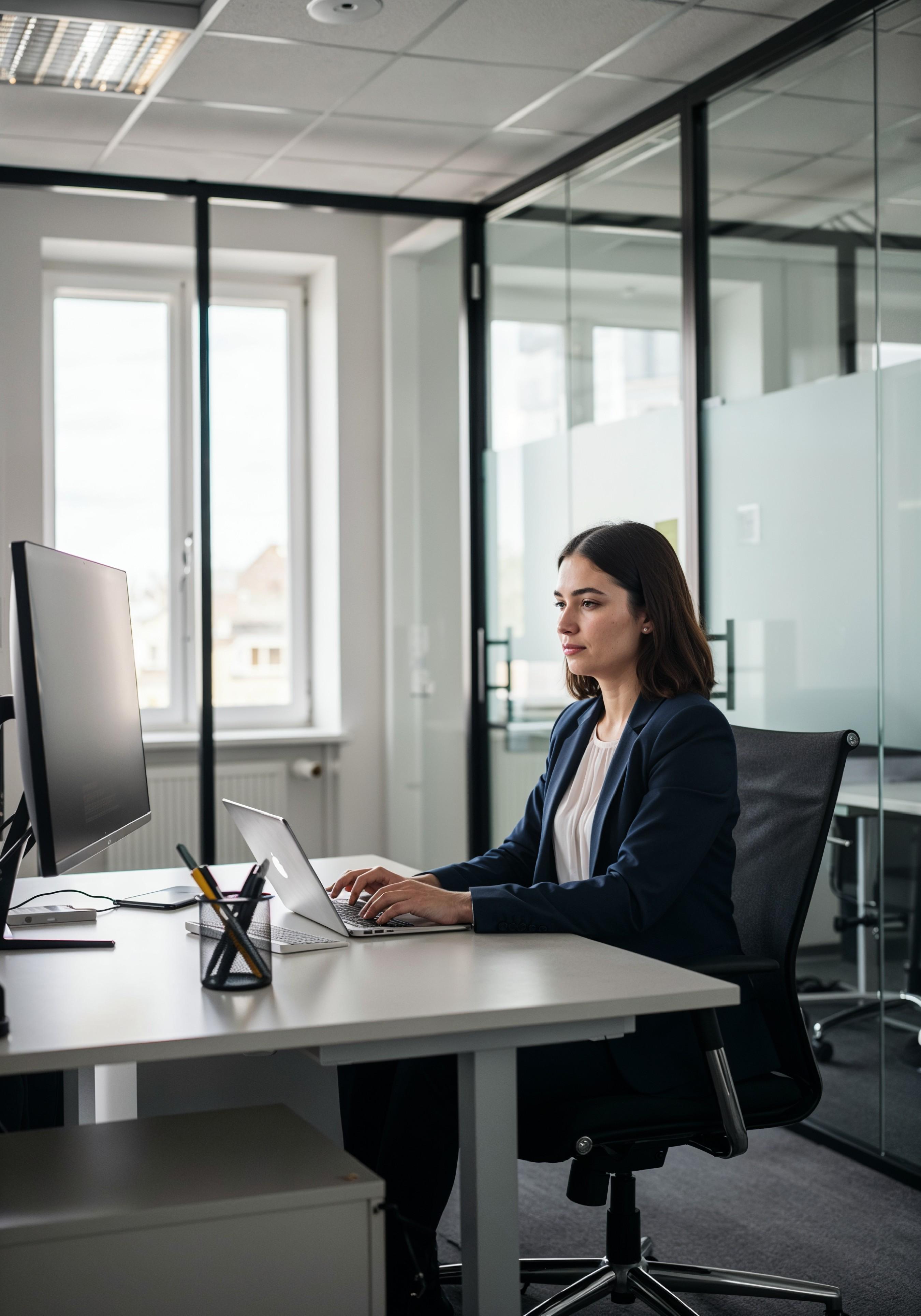 Young Professional Woman Working on Laptop in Modern Office Workspace
