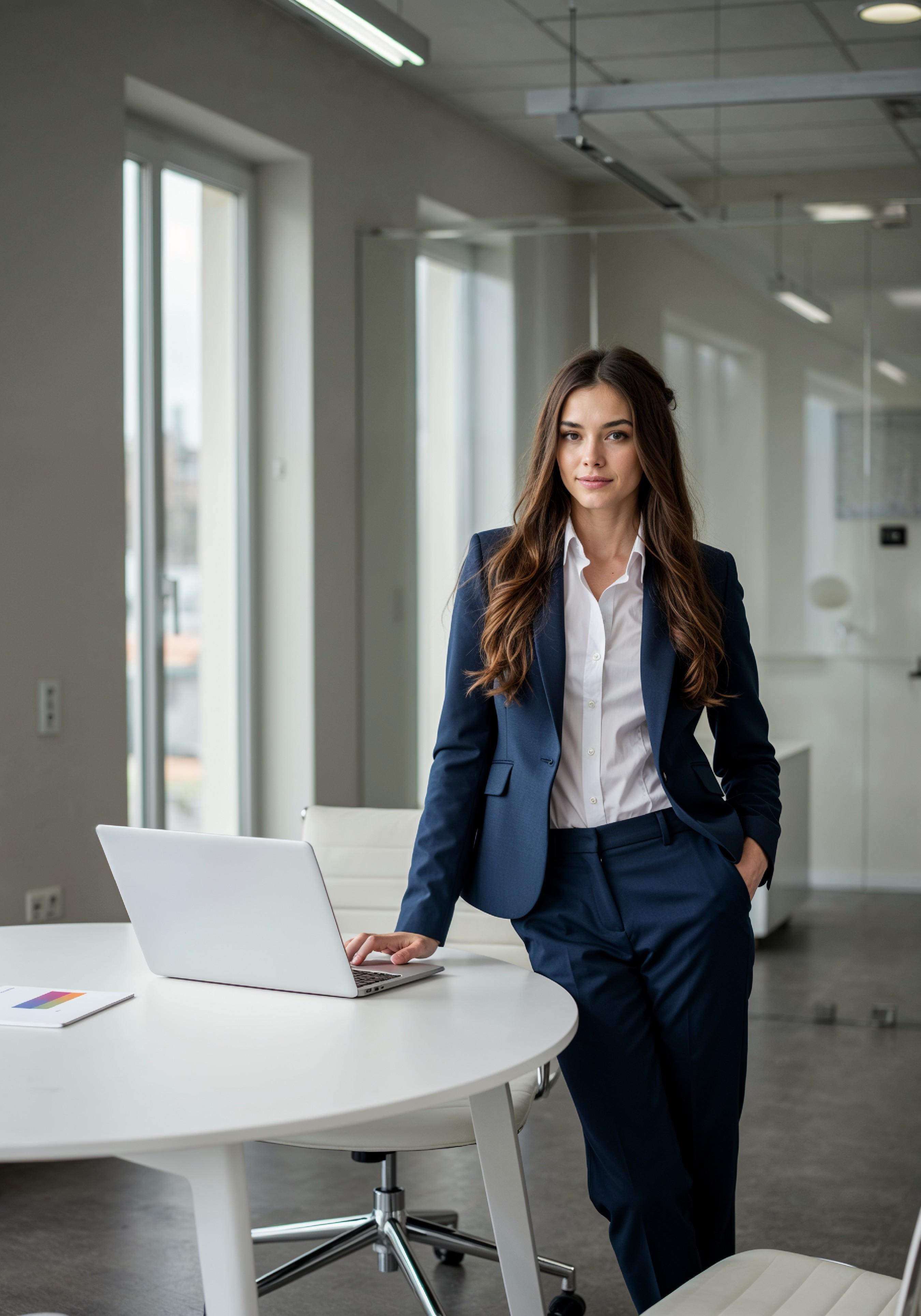 Young Professional Woman Working on Laptop in Modern Office Workspace