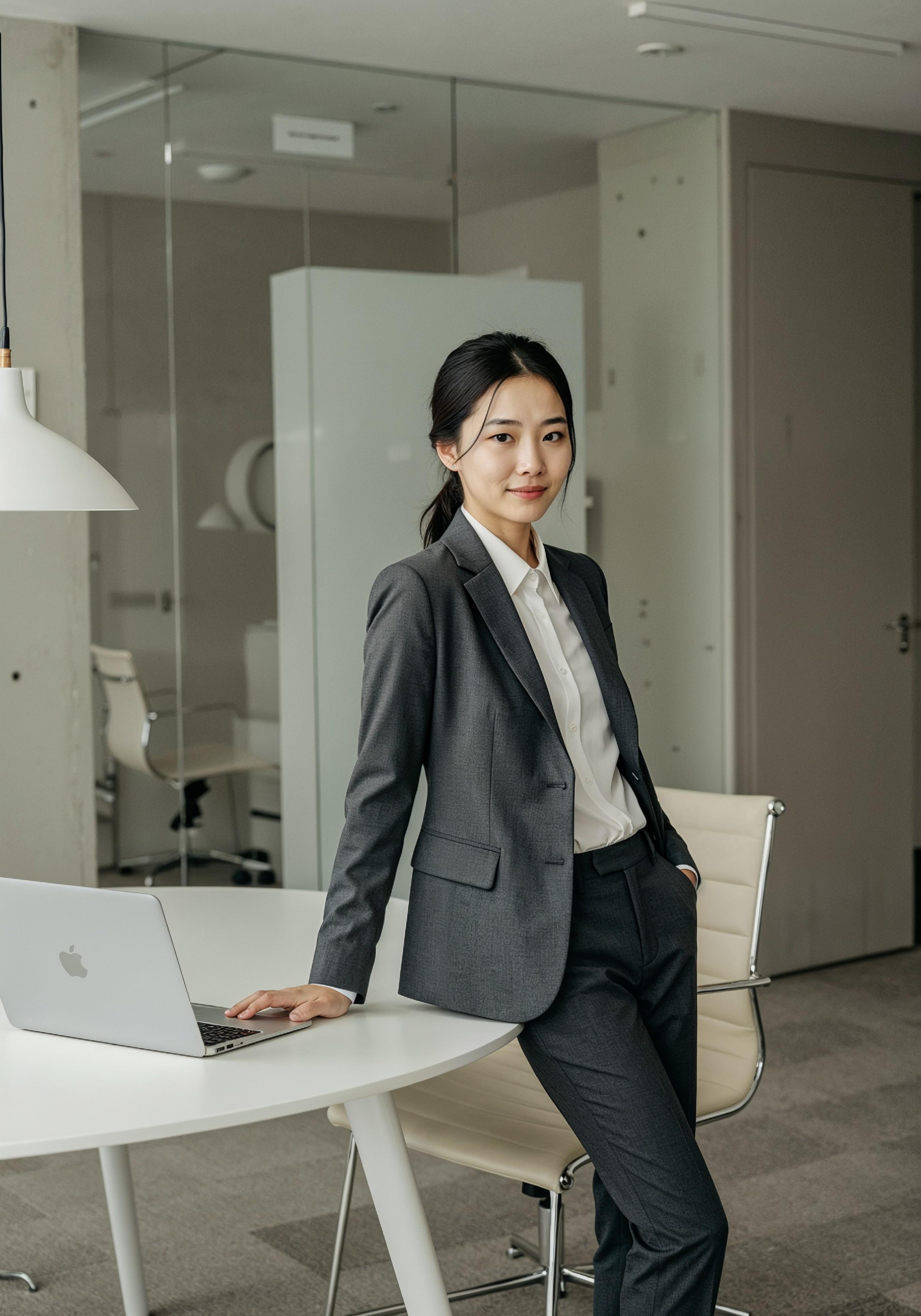 Young Professional Woman Working on Laptop in Modern Office Workspace