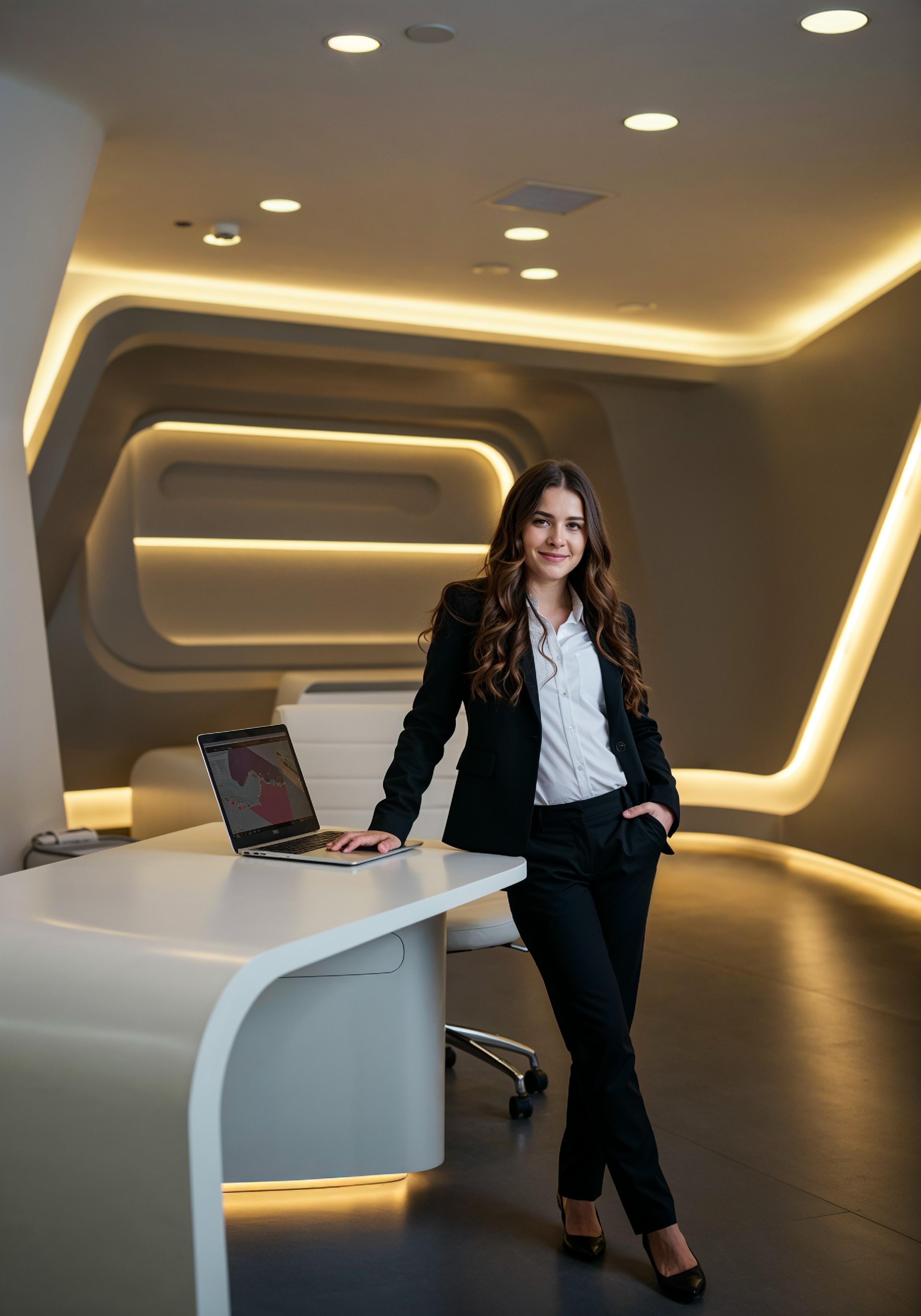 Young Professional Woman Working on Laptop in Modern Office Workspace