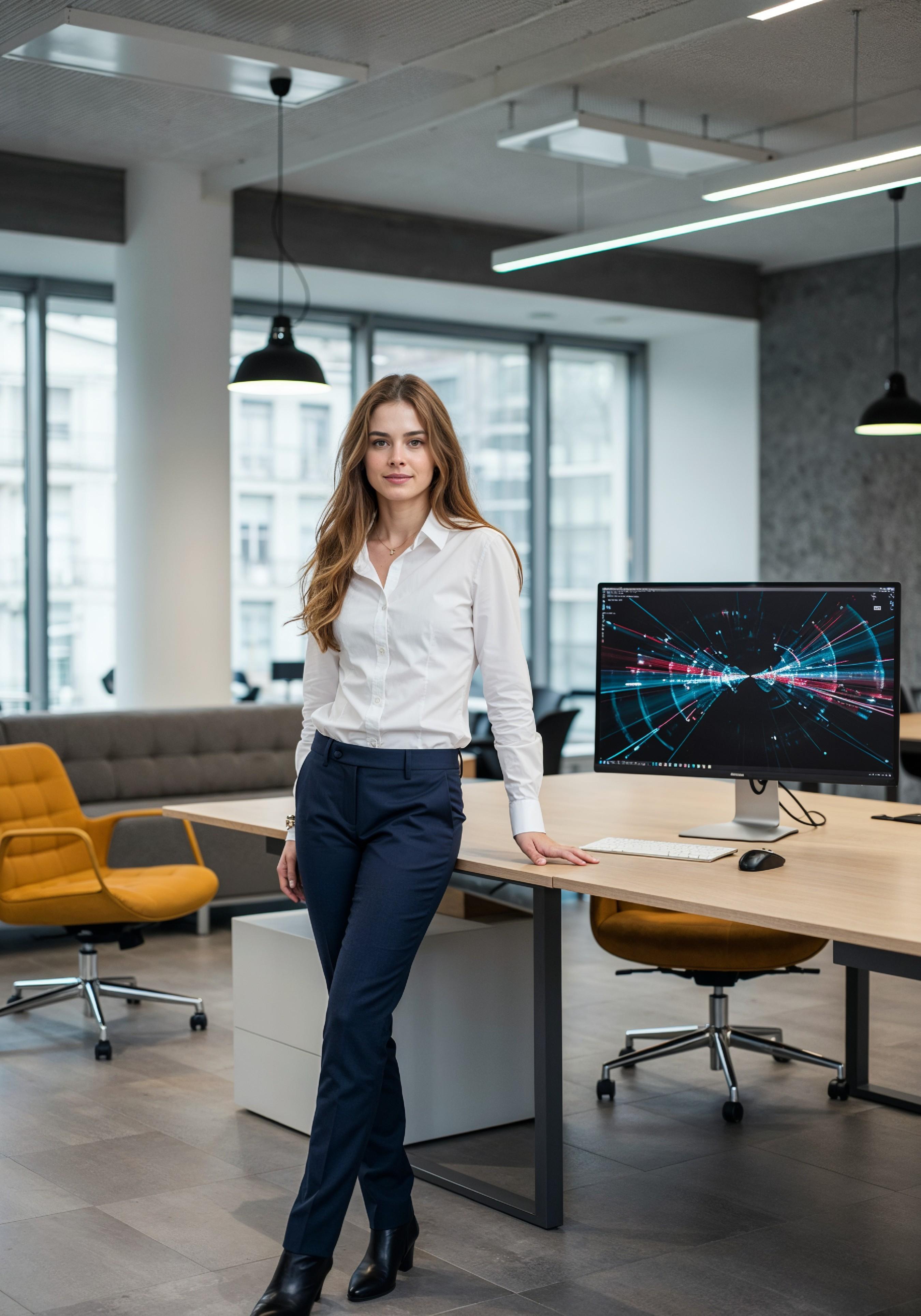 Young Professional Woman Working on Laptop in Modern Office Workspace