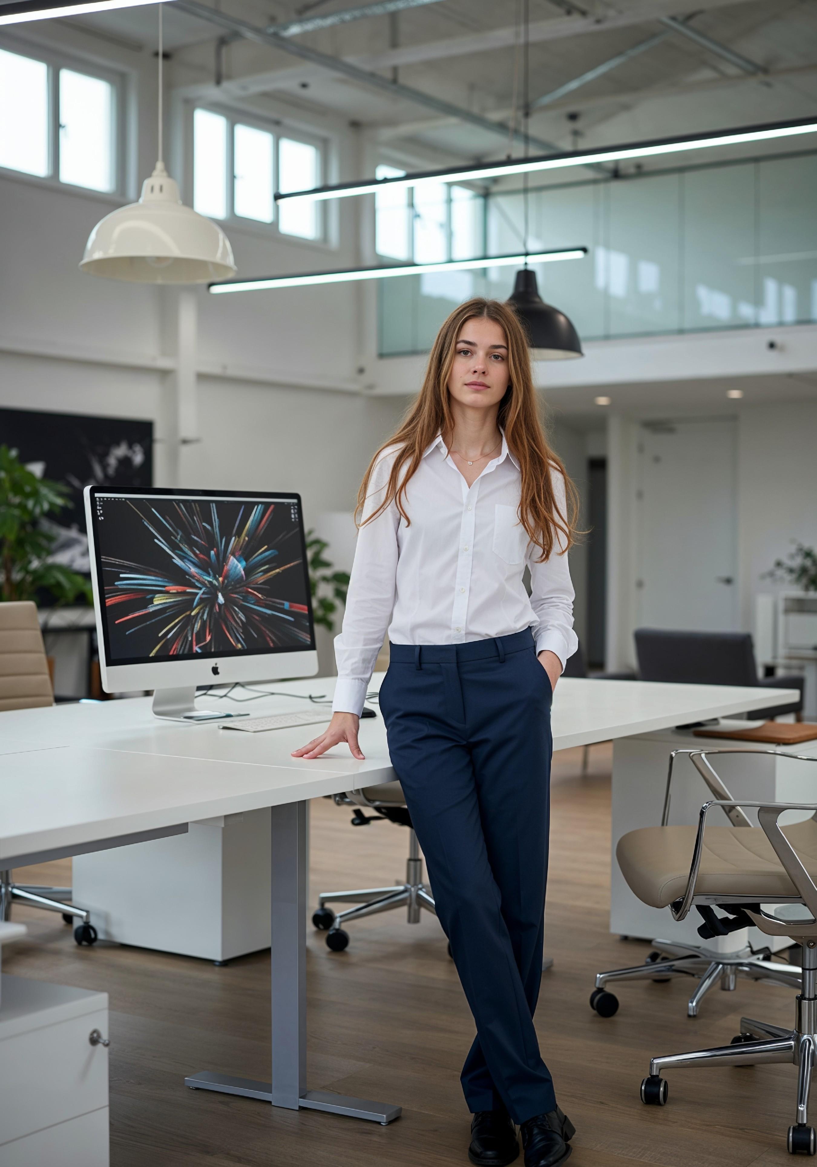 Young Professional Woman Working on Laptop in Modern Office Workspace
