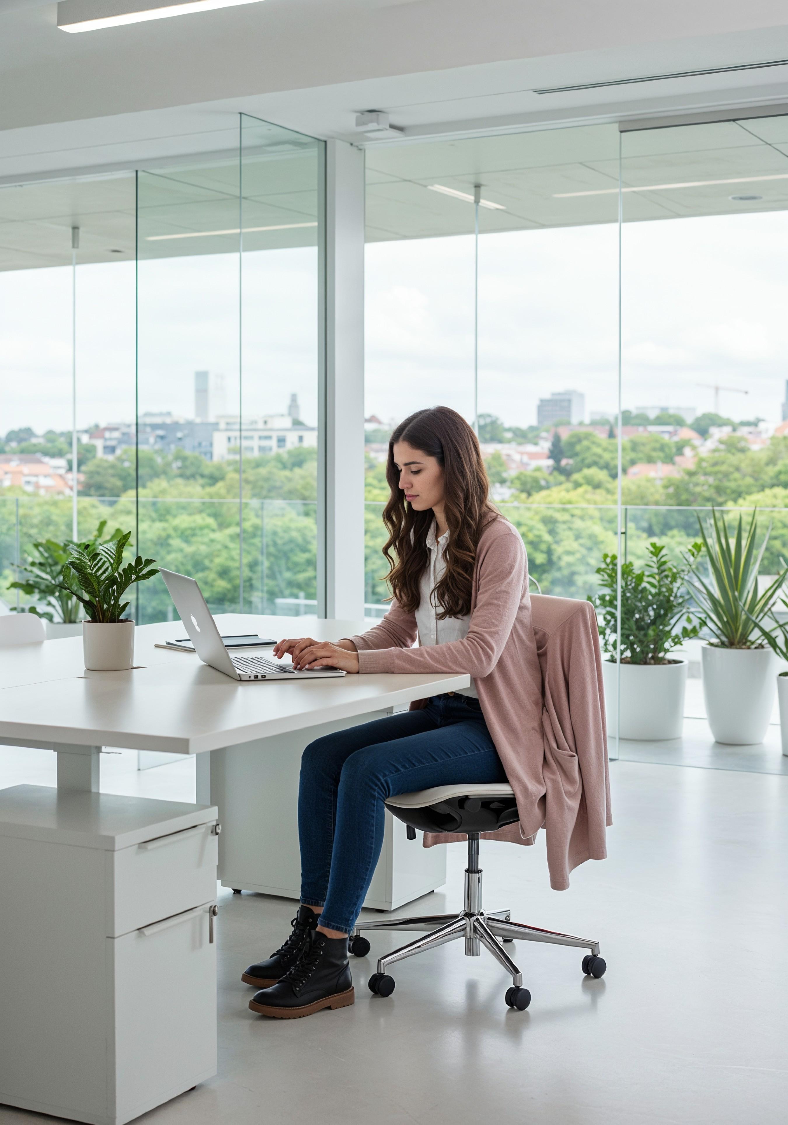 Young Professional Woman Working on Laptop in Modern Office Workspace