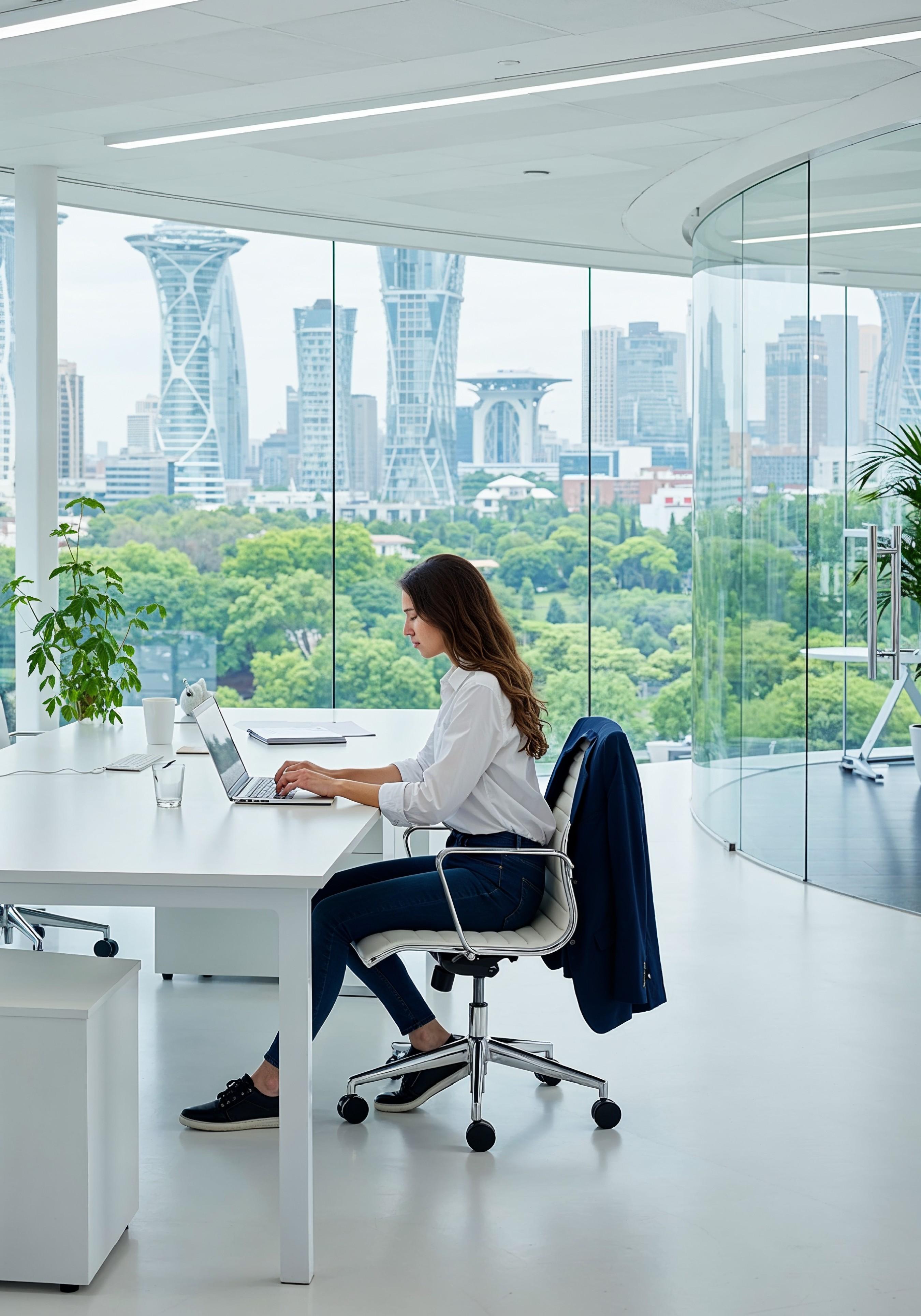 Young Professional Woman Working on Laptop in Modern Office Workspace