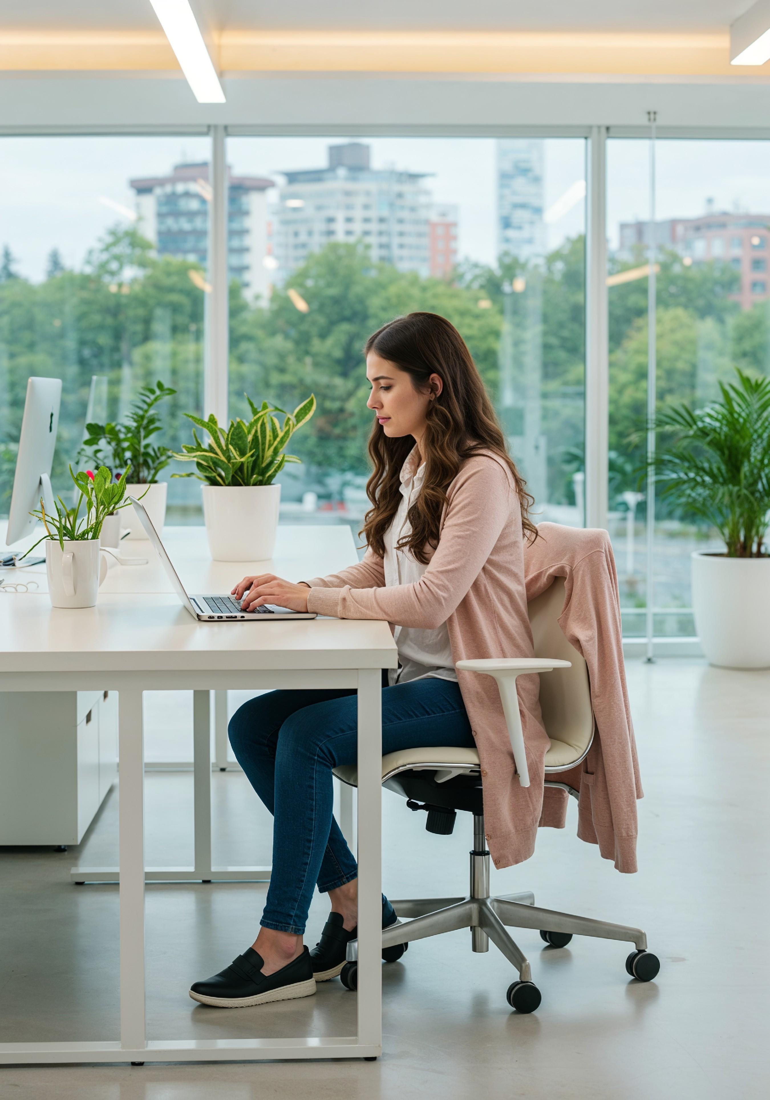 Young Professional Woman Working on Laptop in Modern Office Workspace