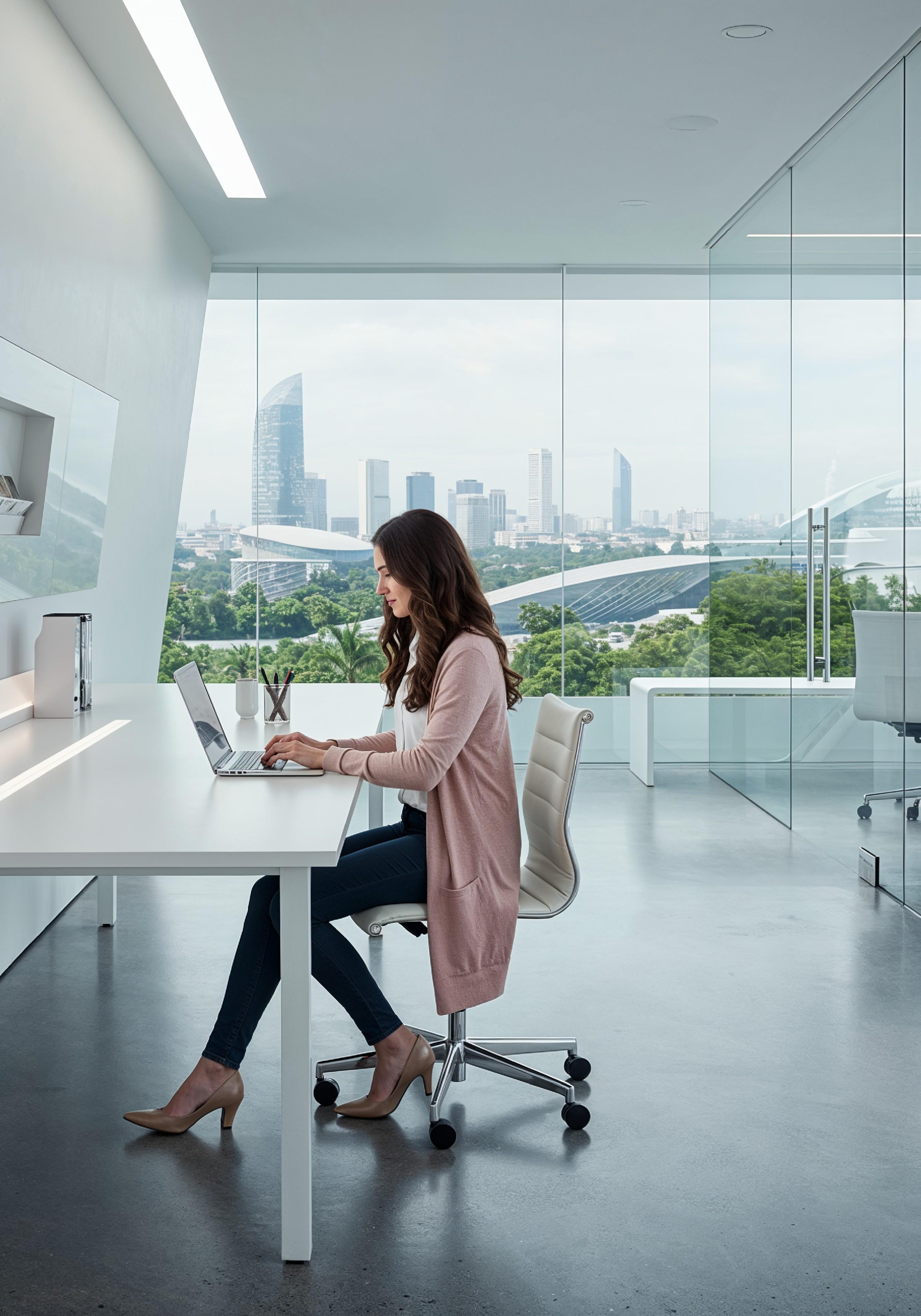Young Professional Woman Working on Laptop in Modern Office Workspace