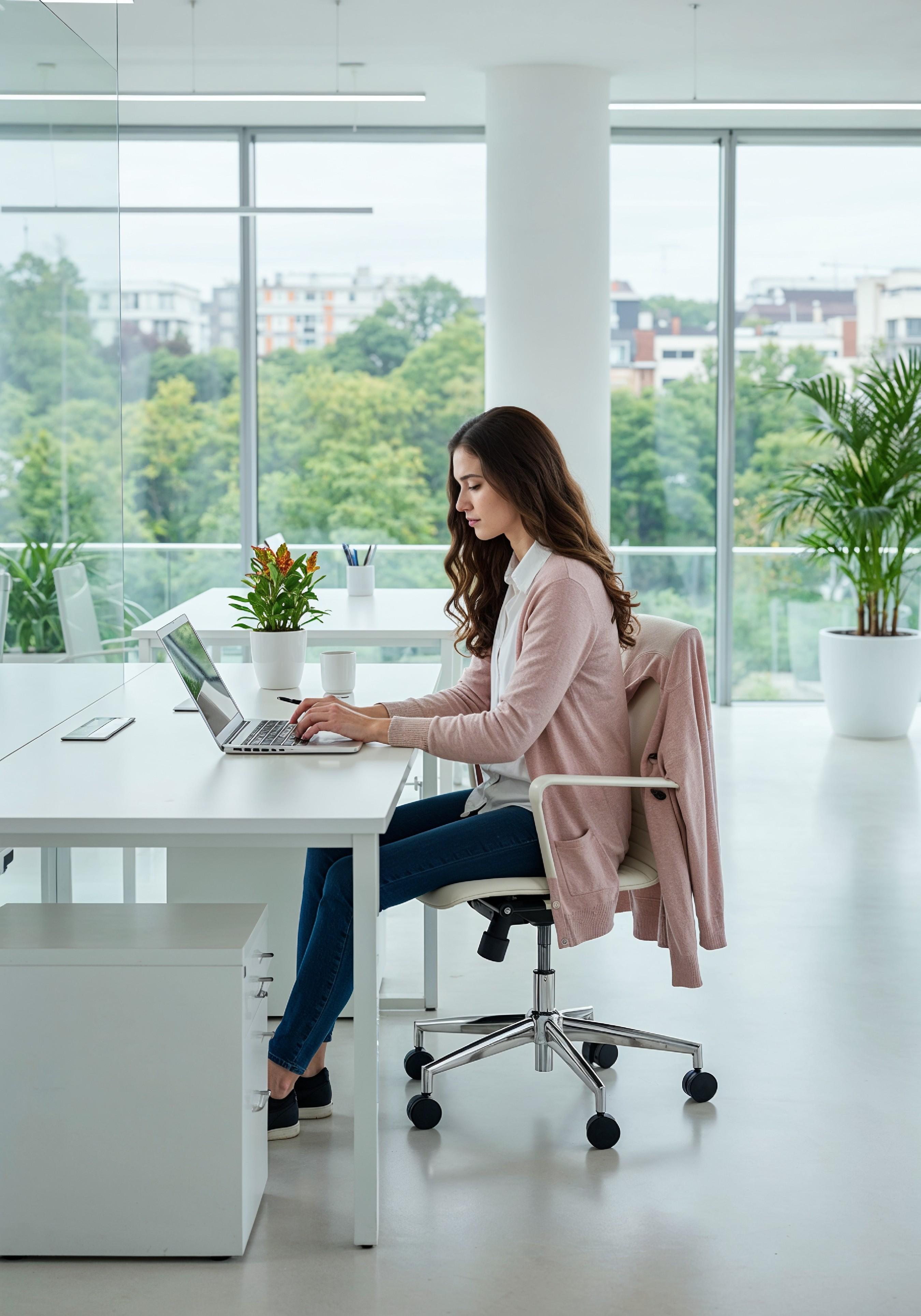 Young Professional Woman Working on Laptop in Modern Office Workspace