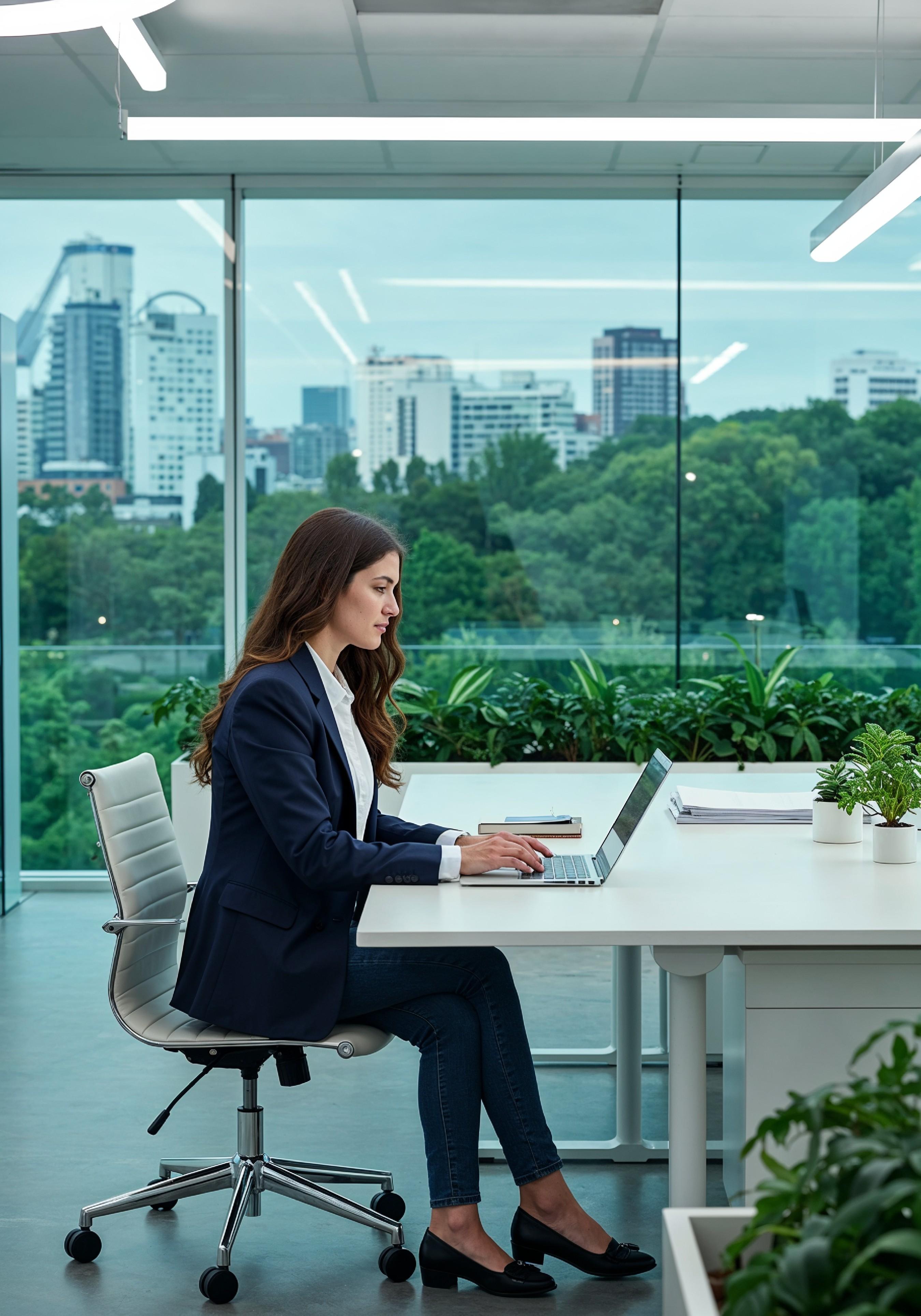 Young Professional Woman Working on Laptop in Modern Office Workspace