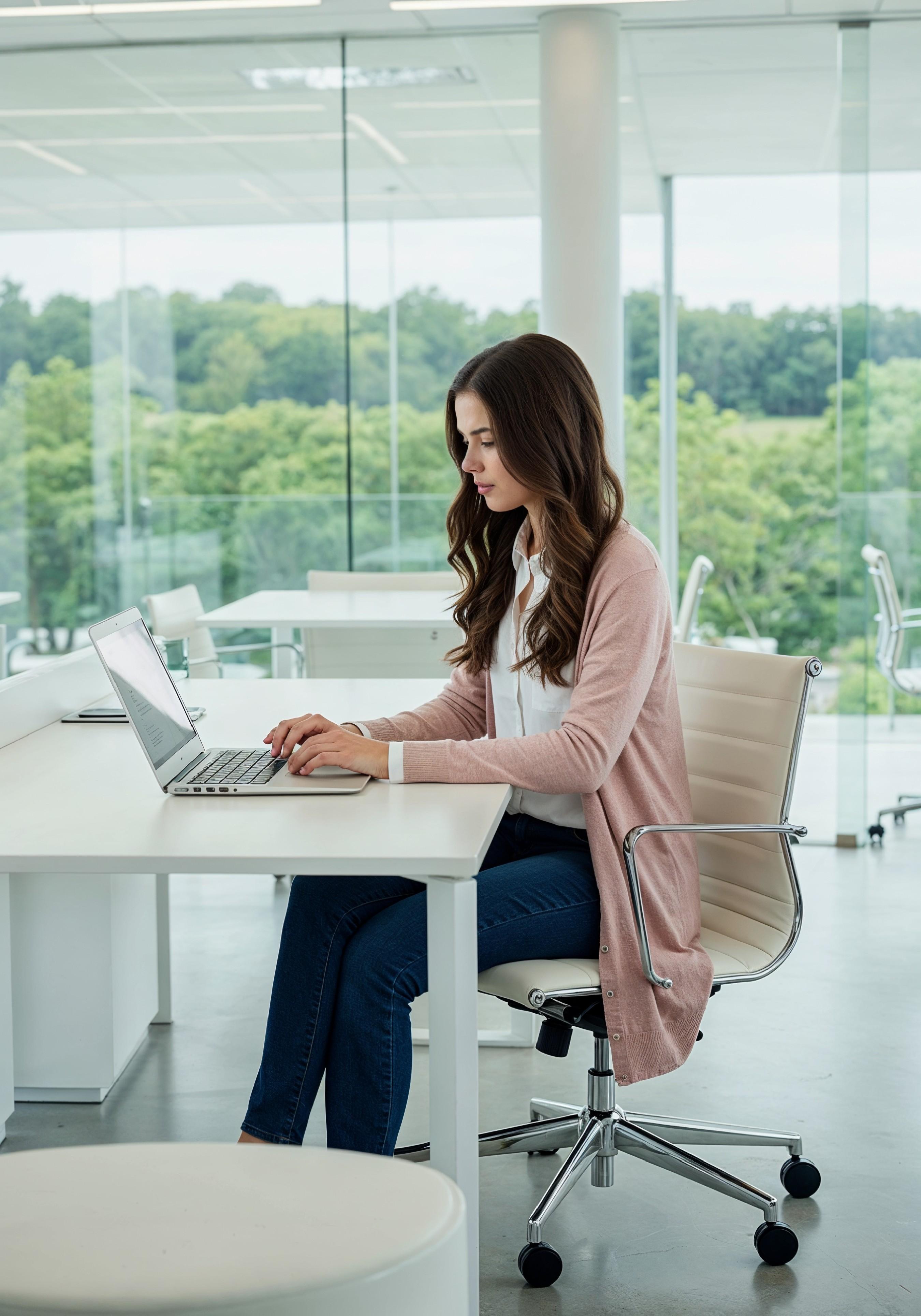 Young Professional Woman Working on Laptop in Modern Office Workspace