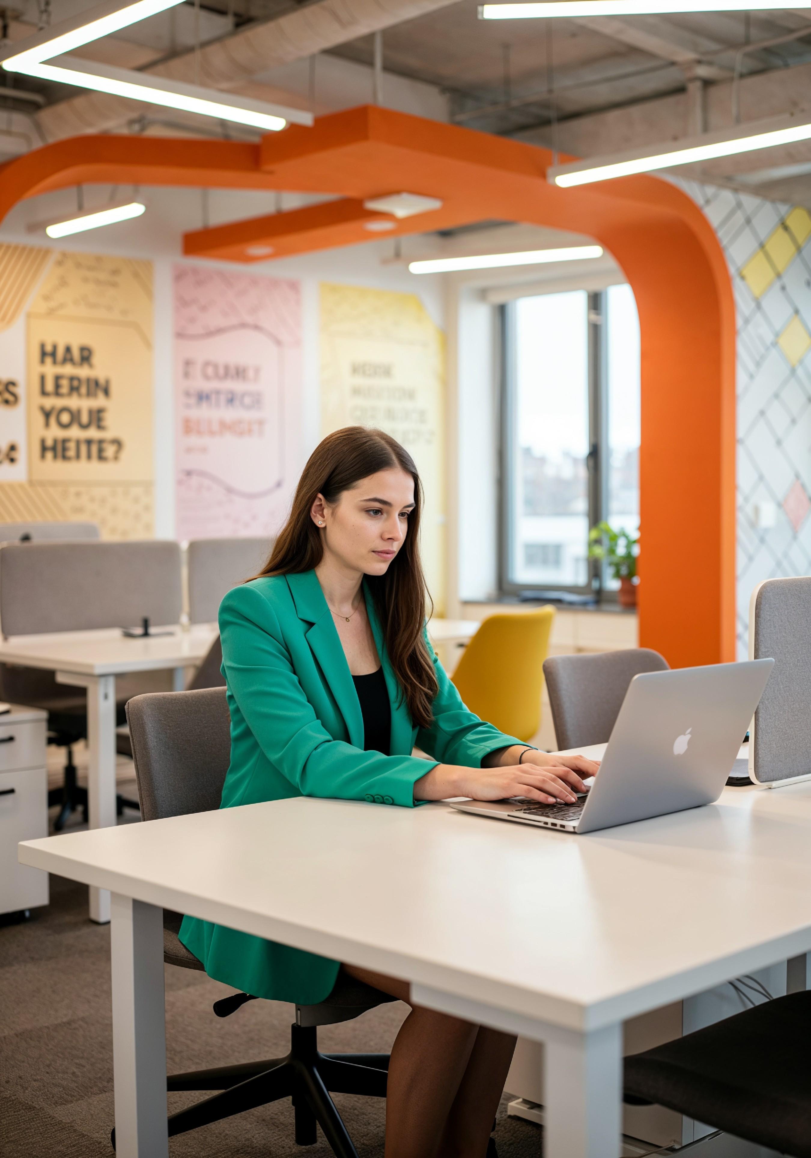 Young Professional Woman Working on Laptop in Modern Office Workspace