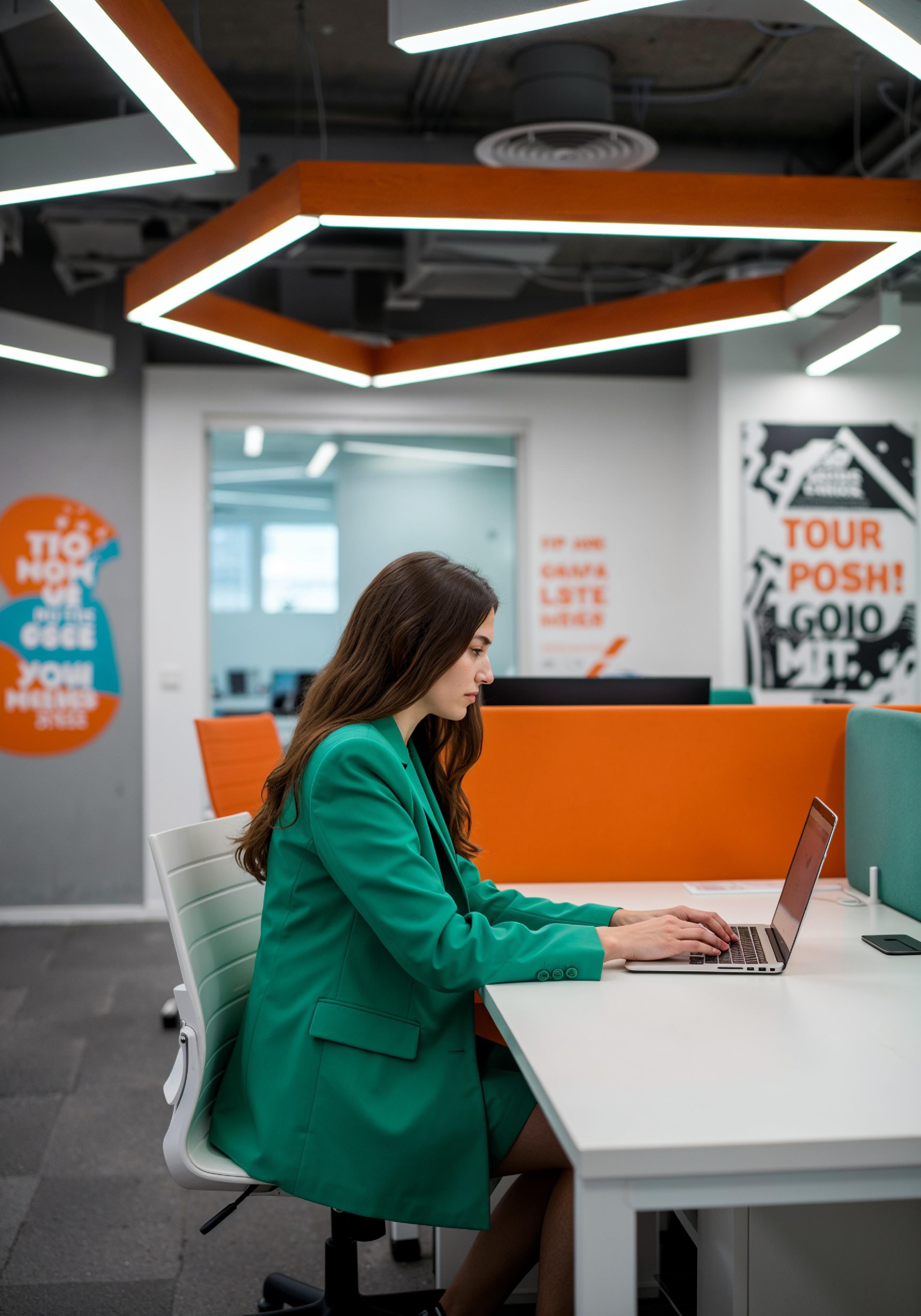Young Professional Woman Working on Laptop in Modern Office Workspace