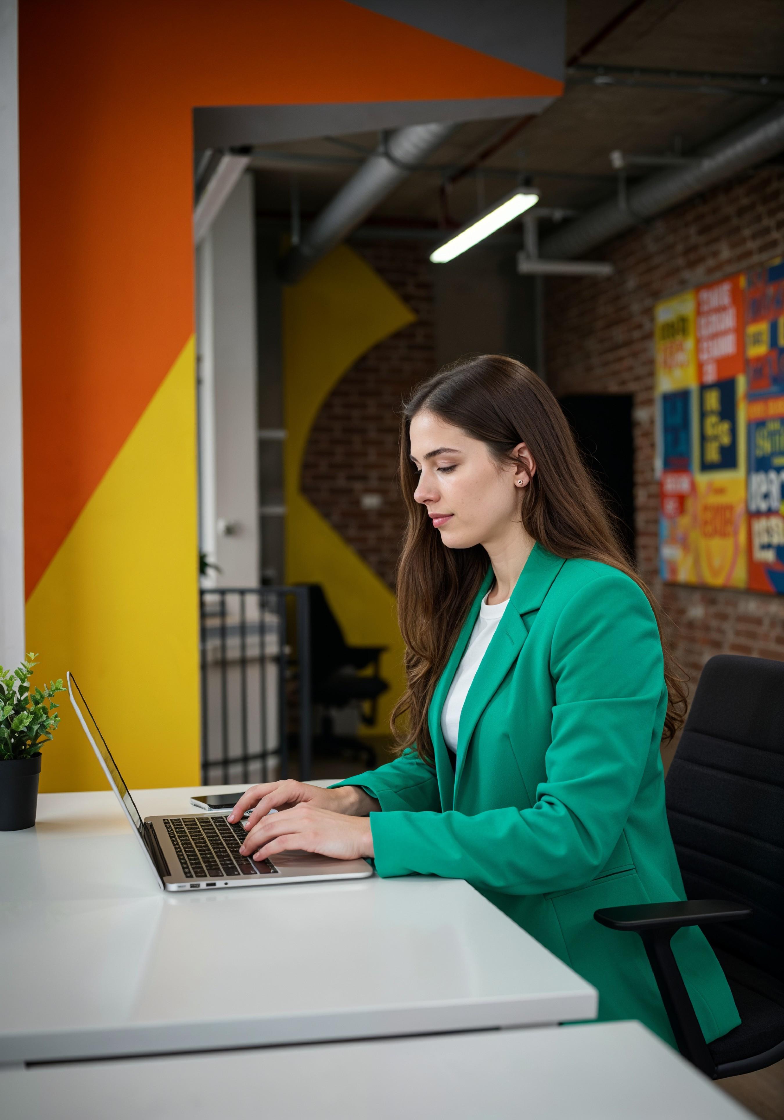 Young Professional Woman Working on Laptop in Modern Office Workspace