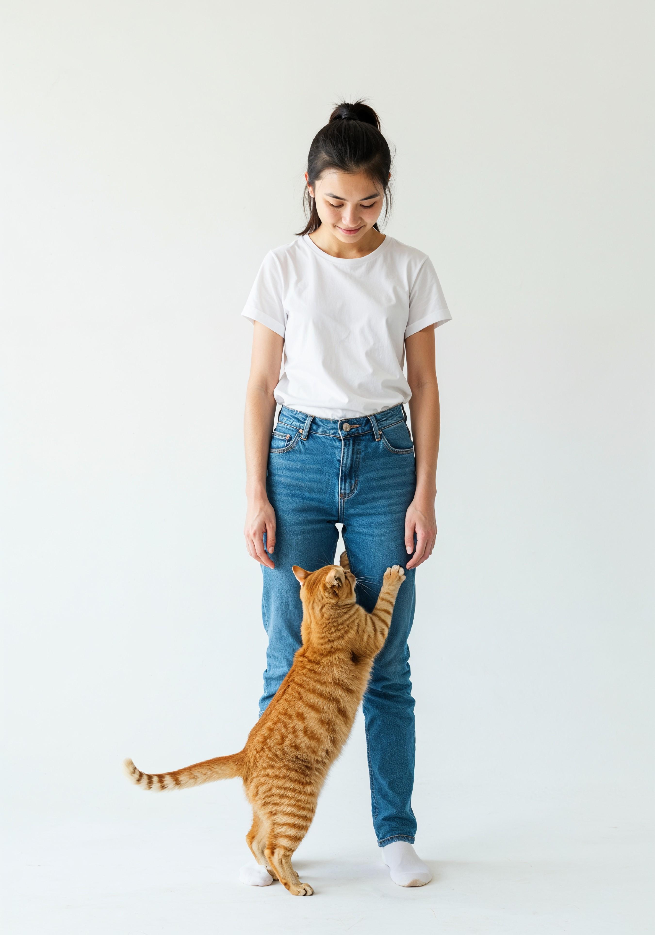 Young Woman Holding Pet Cat Lifestyle Portrait with Casual Fashion and Animal Companion