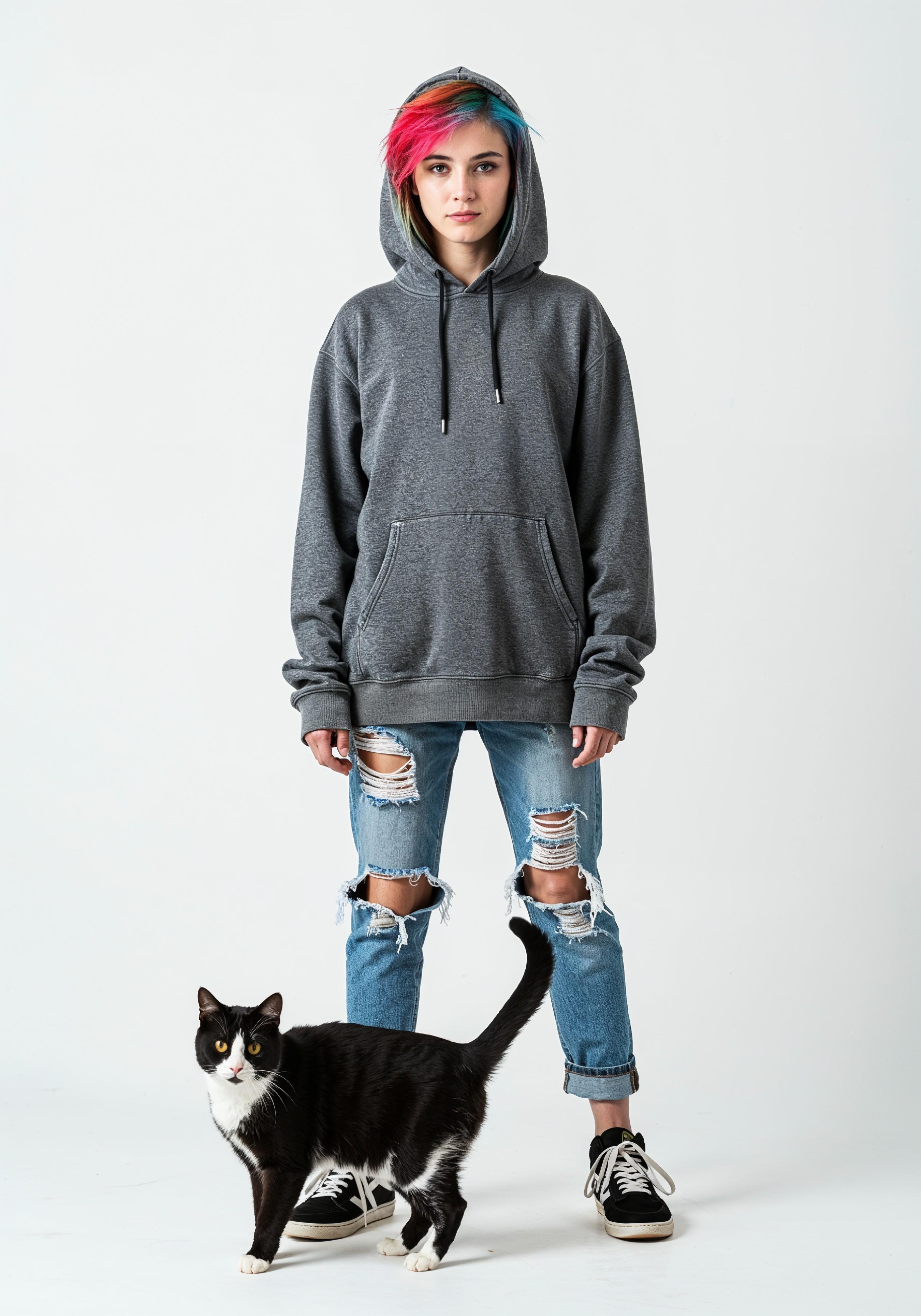 Young Woman Holding Pet Cat Lifestyle Portrait with Casual Fashion and Animal Companion