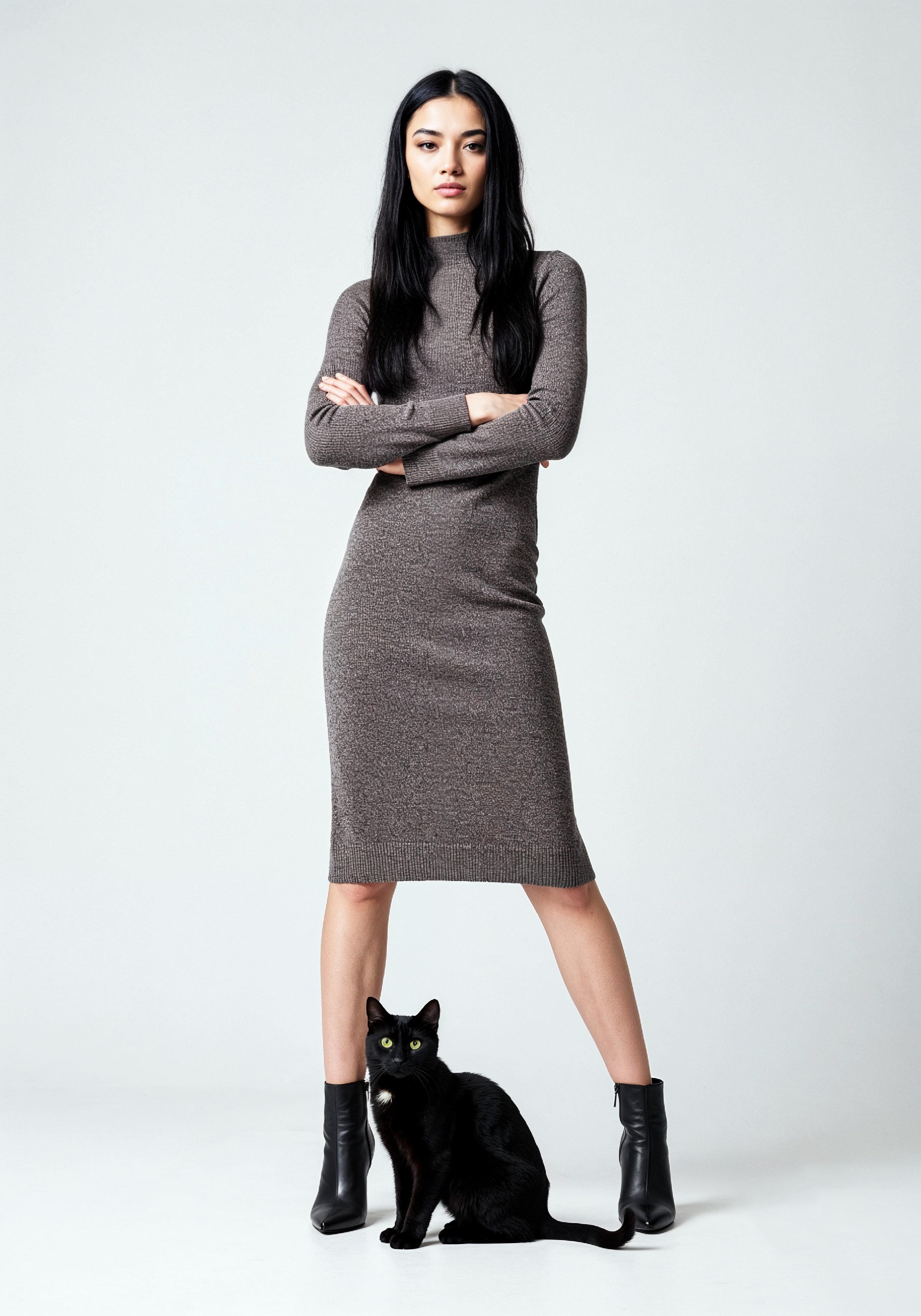 Young Woman Holding Pet Cat Lifestyle Portrait with Casual Fashion and Animal Companion