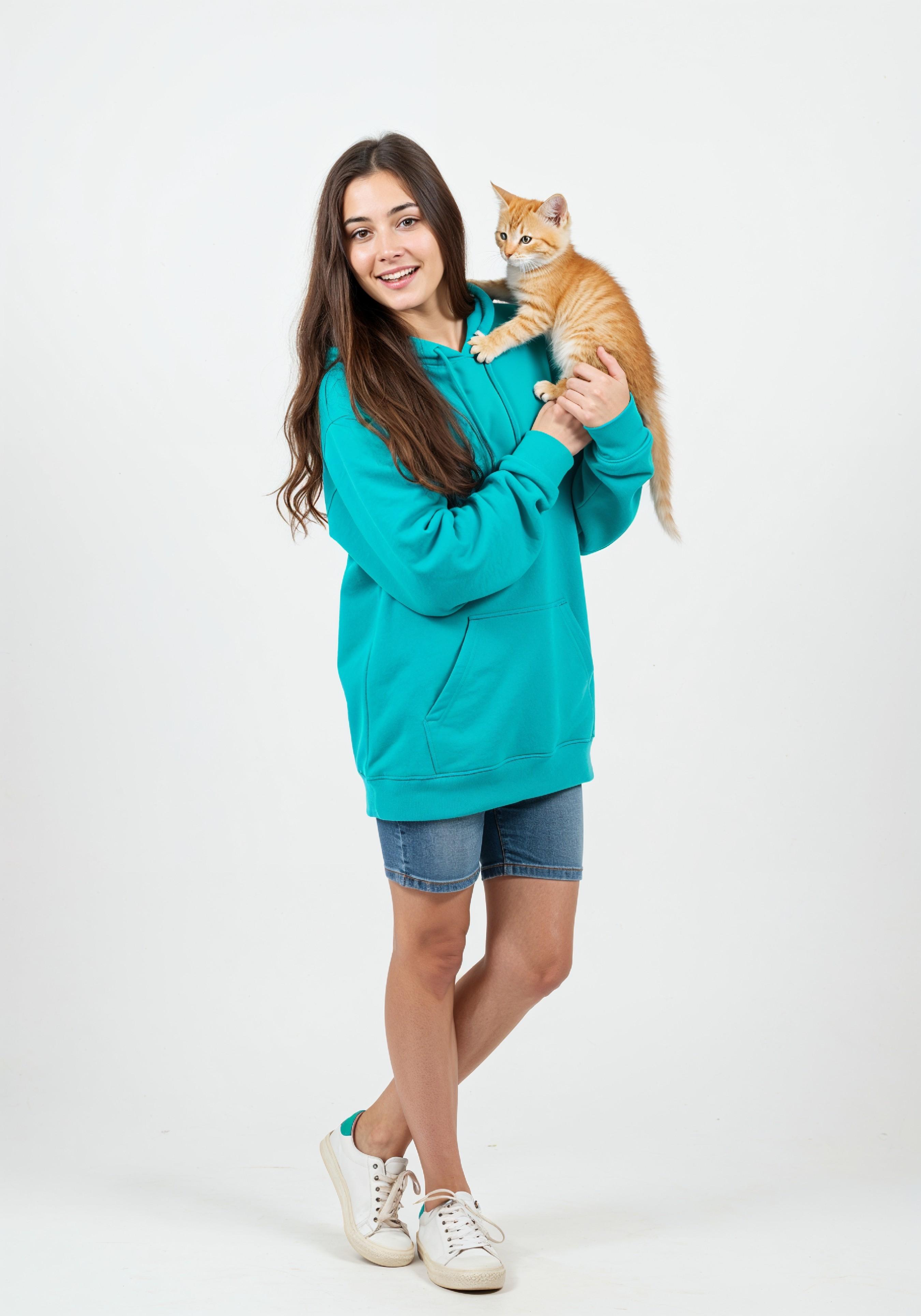 Young Woman Holding Pet Cat Lifestyle Portrait with Casual Fashion and Animal Companion