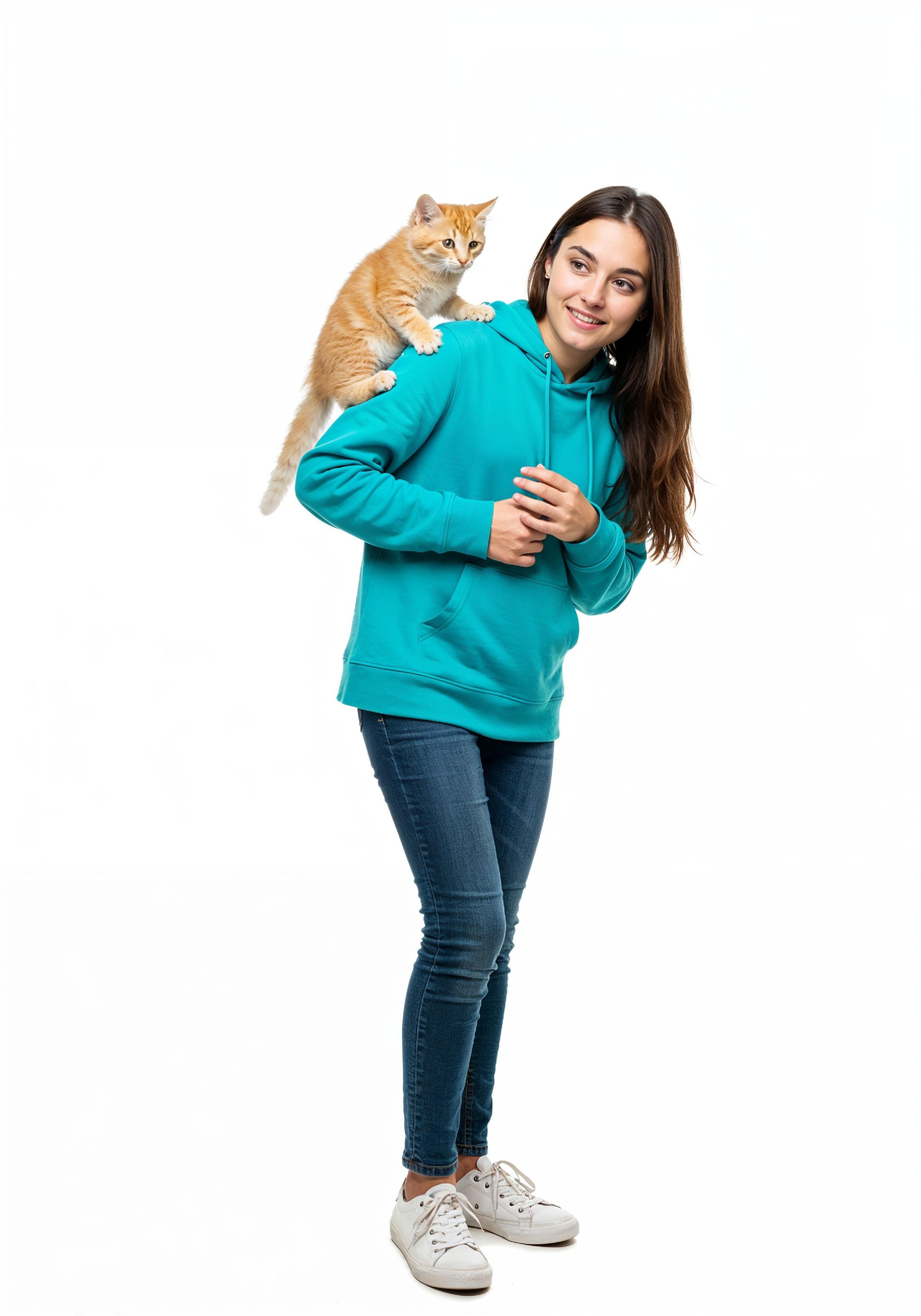 Young Woman Holding Pet Cat Lifestyle Portrait with Casual Fashion and Animal Companion