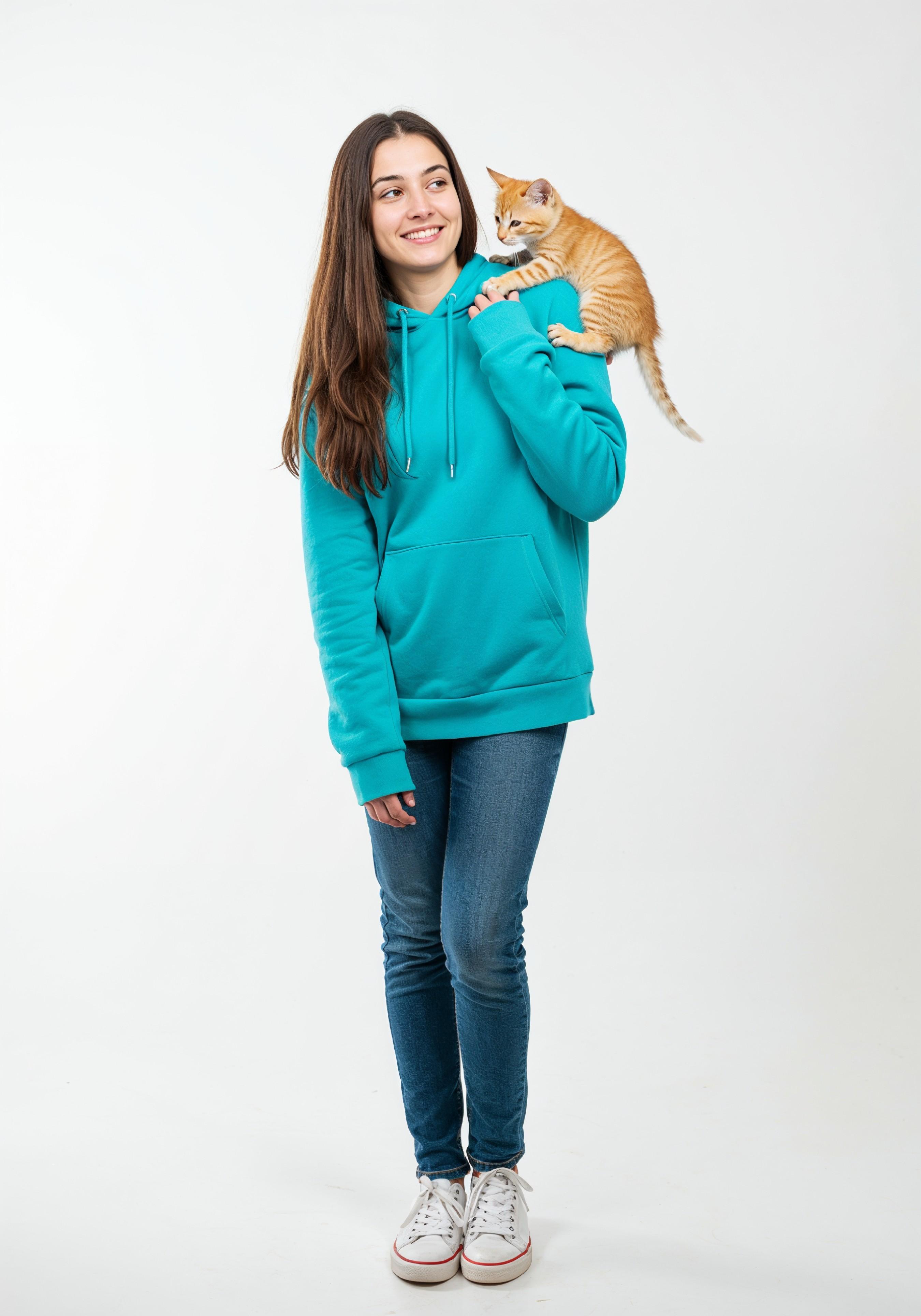 Young Woman Holding Pet Cat Lifestyle Portrait with Casual Fashion and Animal Companion