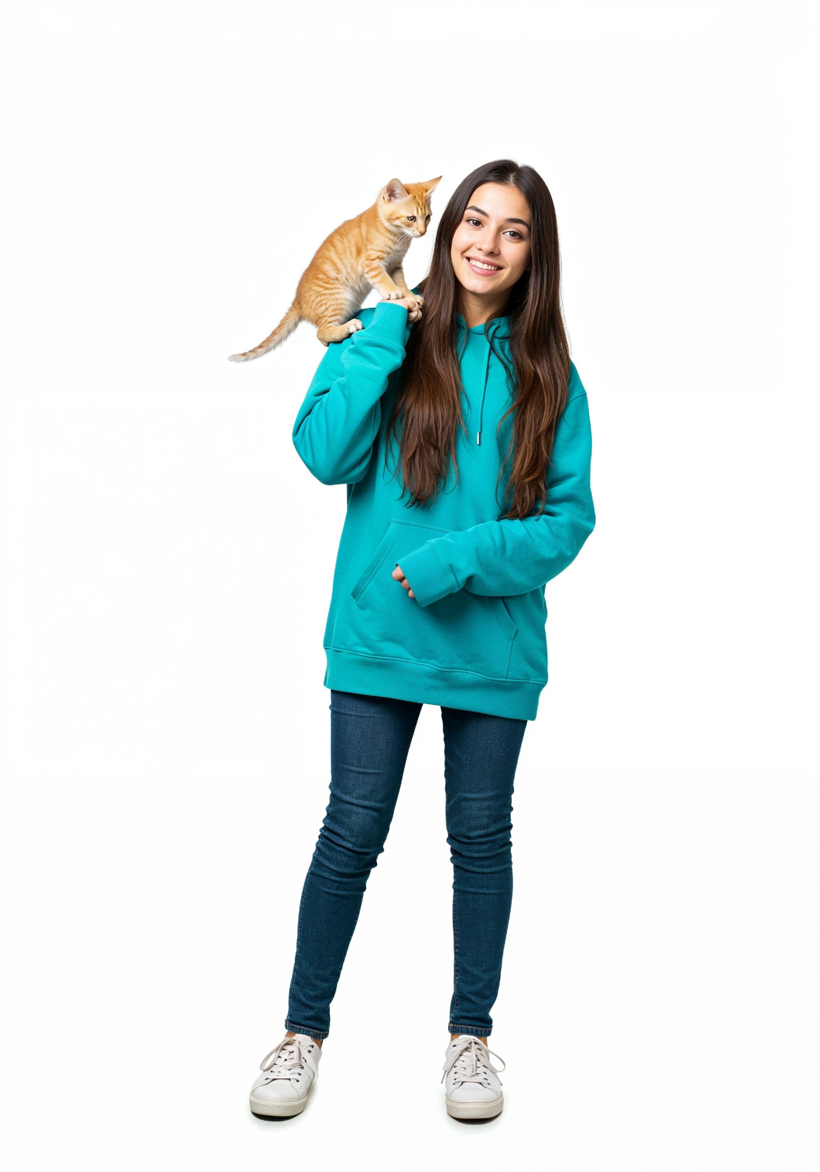 Young Woman Holding Pet Cat Lifestyle Portrait with Casual Fashion and Animal Companion