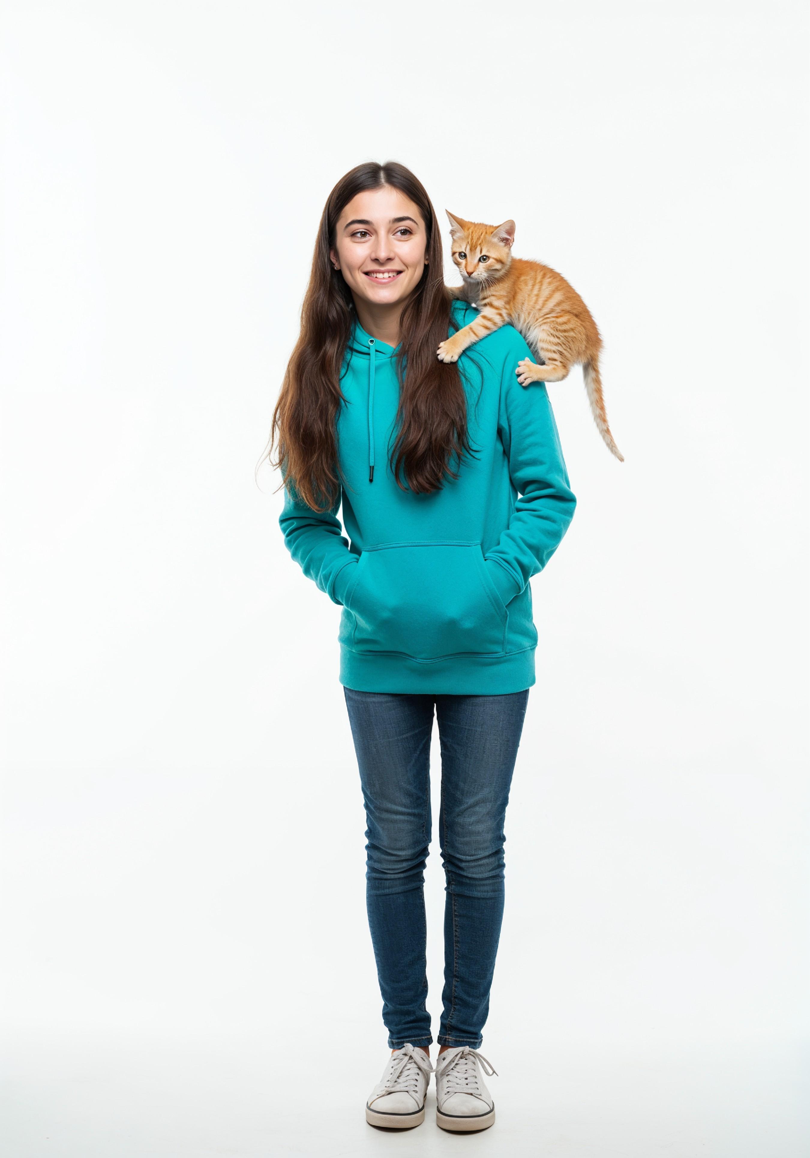 Young Woman Holding Pet Cat Lifestyle Portrait with Casual Fashion and Animal Companion