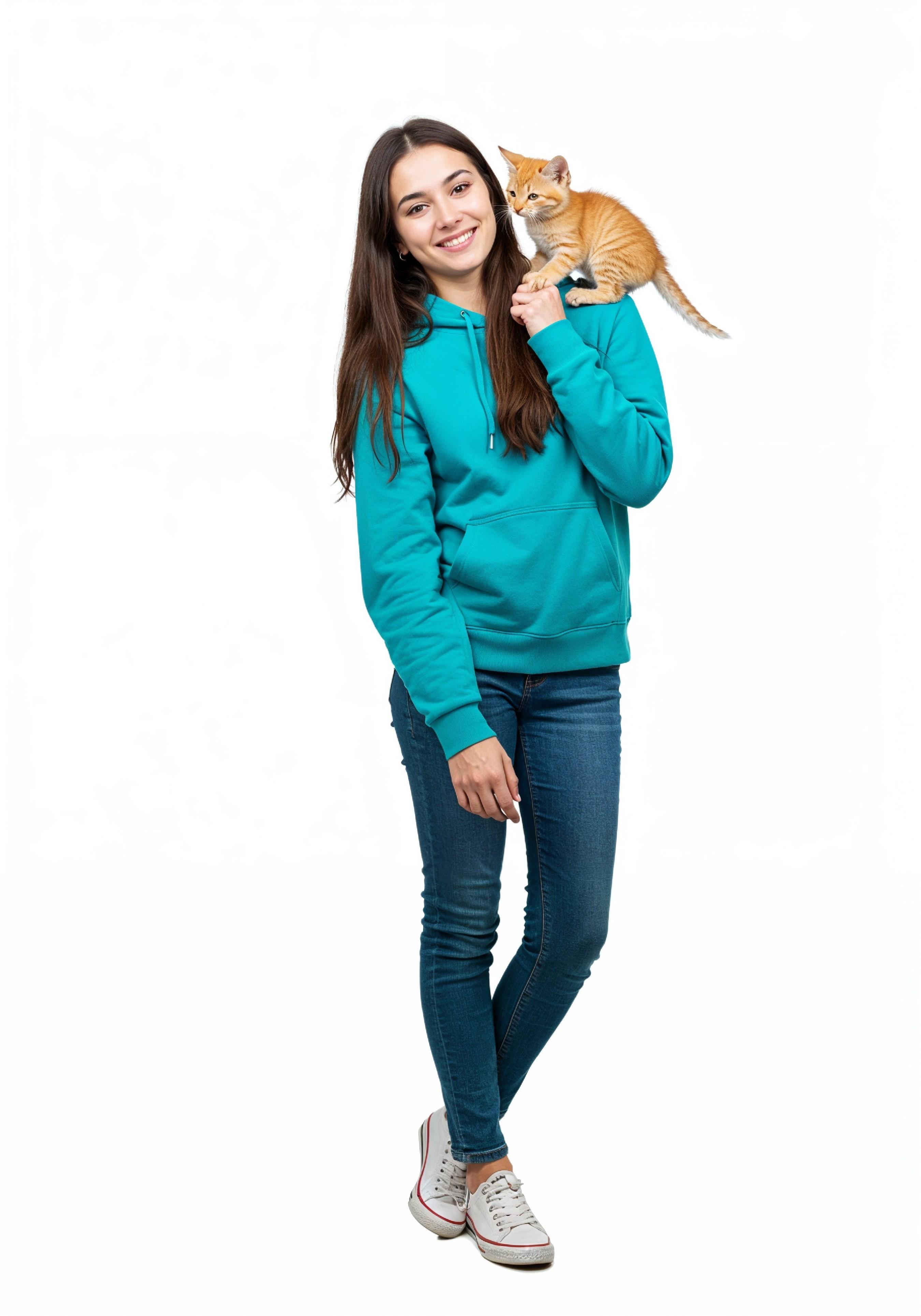 Young Woman Holding Pet Cat Lifestyle Portrait with Casual Fashion and Animal Companion