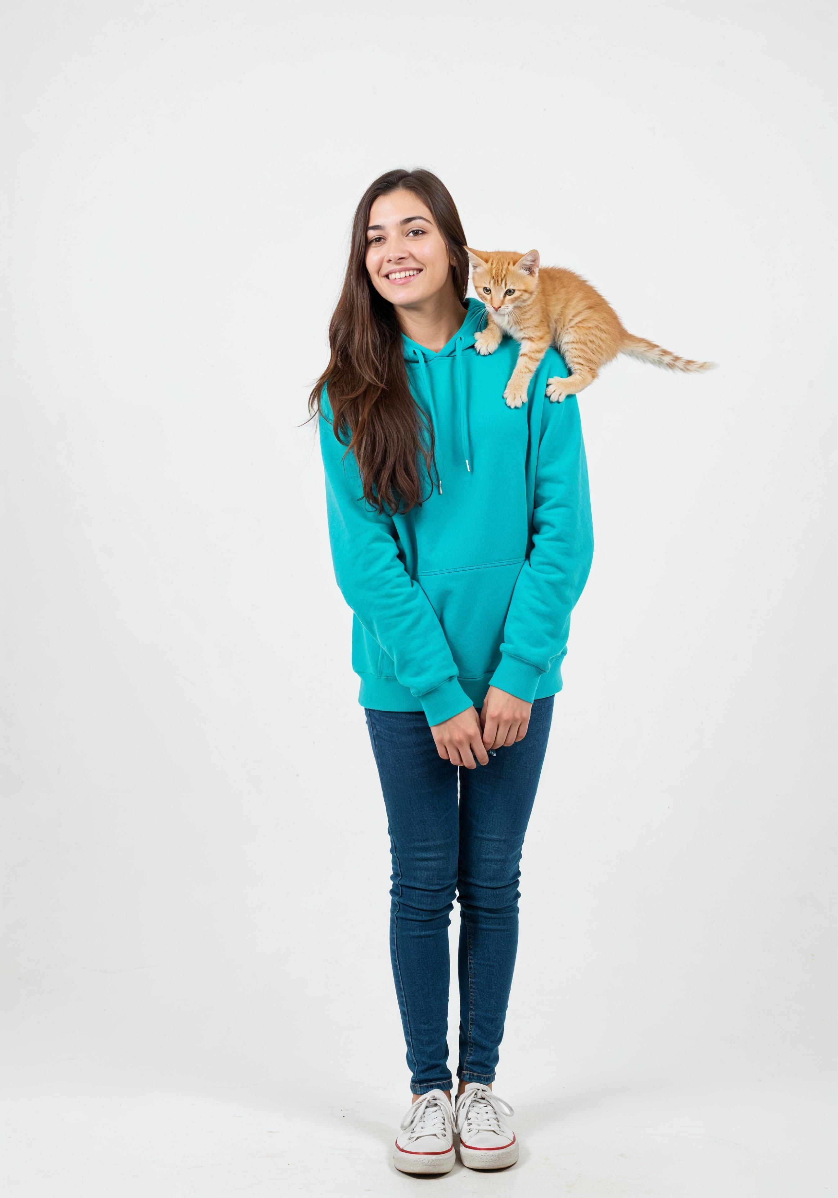 Young Woman Holding Pet Cat Lifestyle Portrait with Casual Fashion and Animal Companion