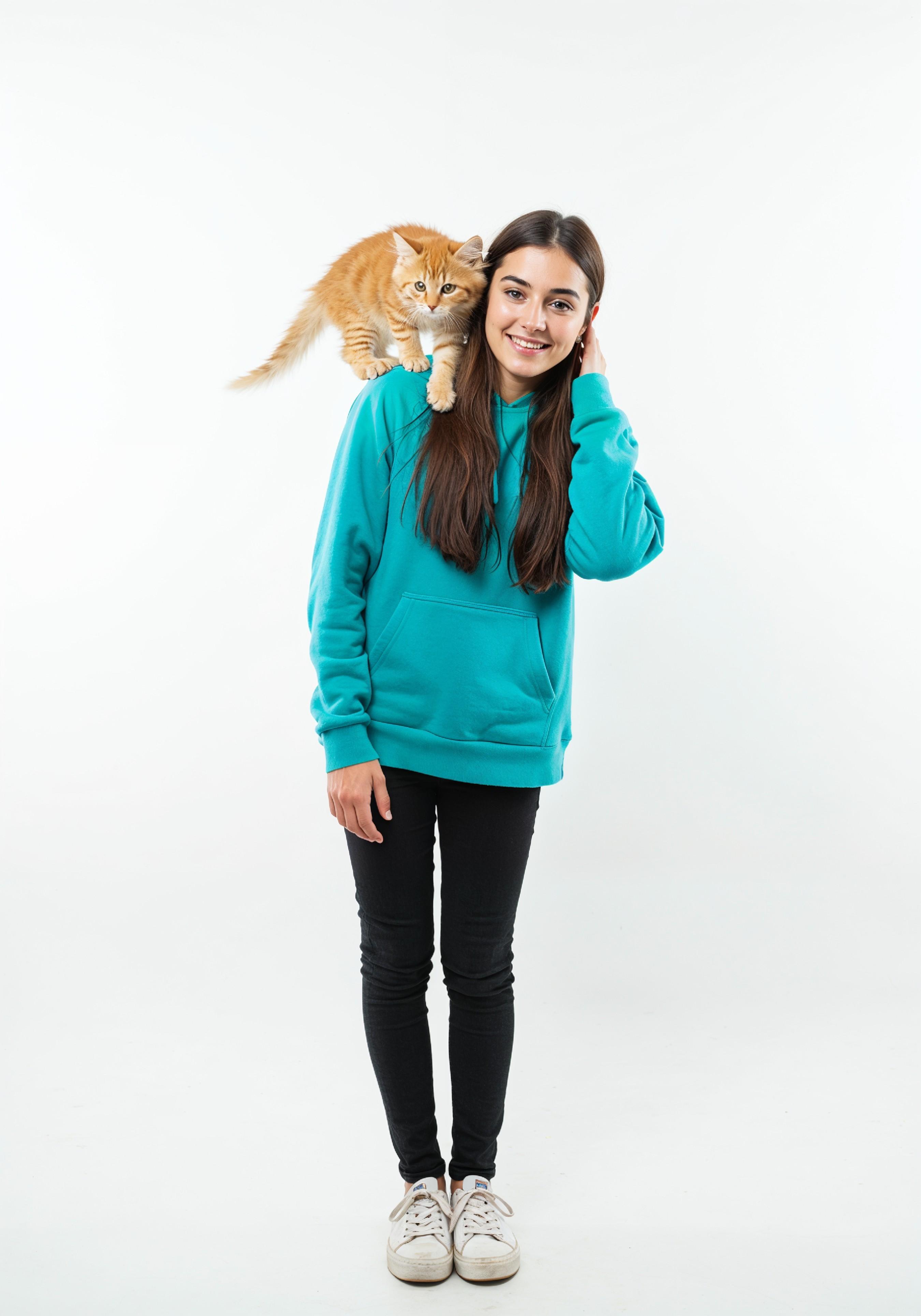 Young Woman Holding Pet Cat Lifestyle Portrait with Casual Fashion and Animal Companion