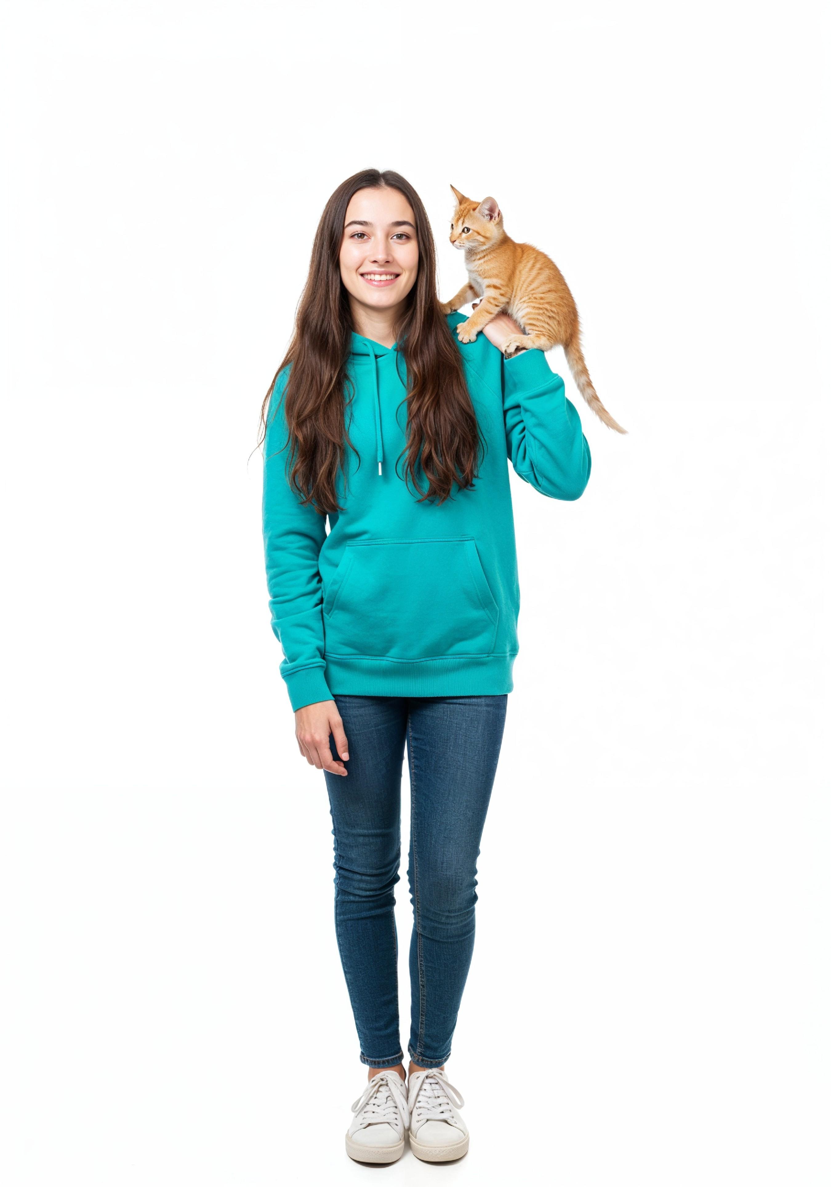 Young Woman Holding Pet Cat Lifestyle Portrait with Casual Fashion and Animal Companion