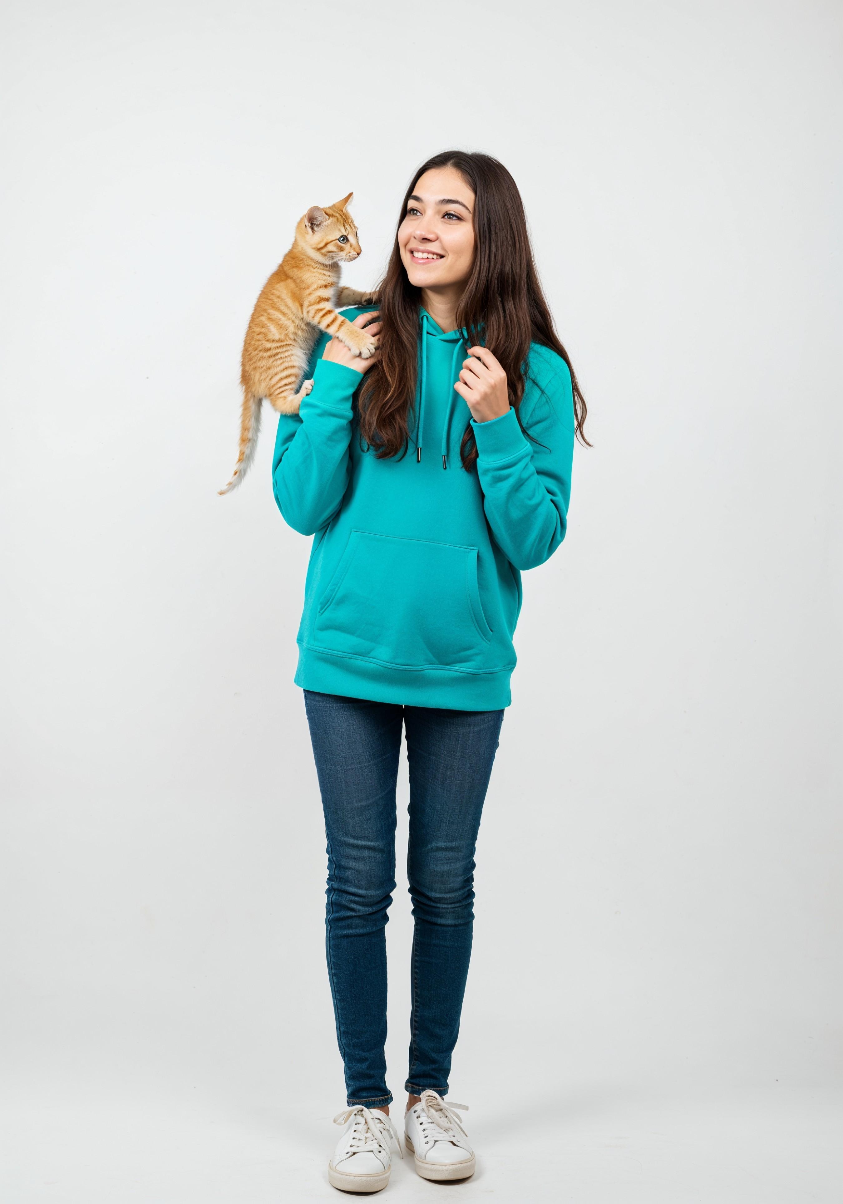 Young Woman Holding Pet Cat Lifestyle Portrait with Casual Fashion and Animal Companion