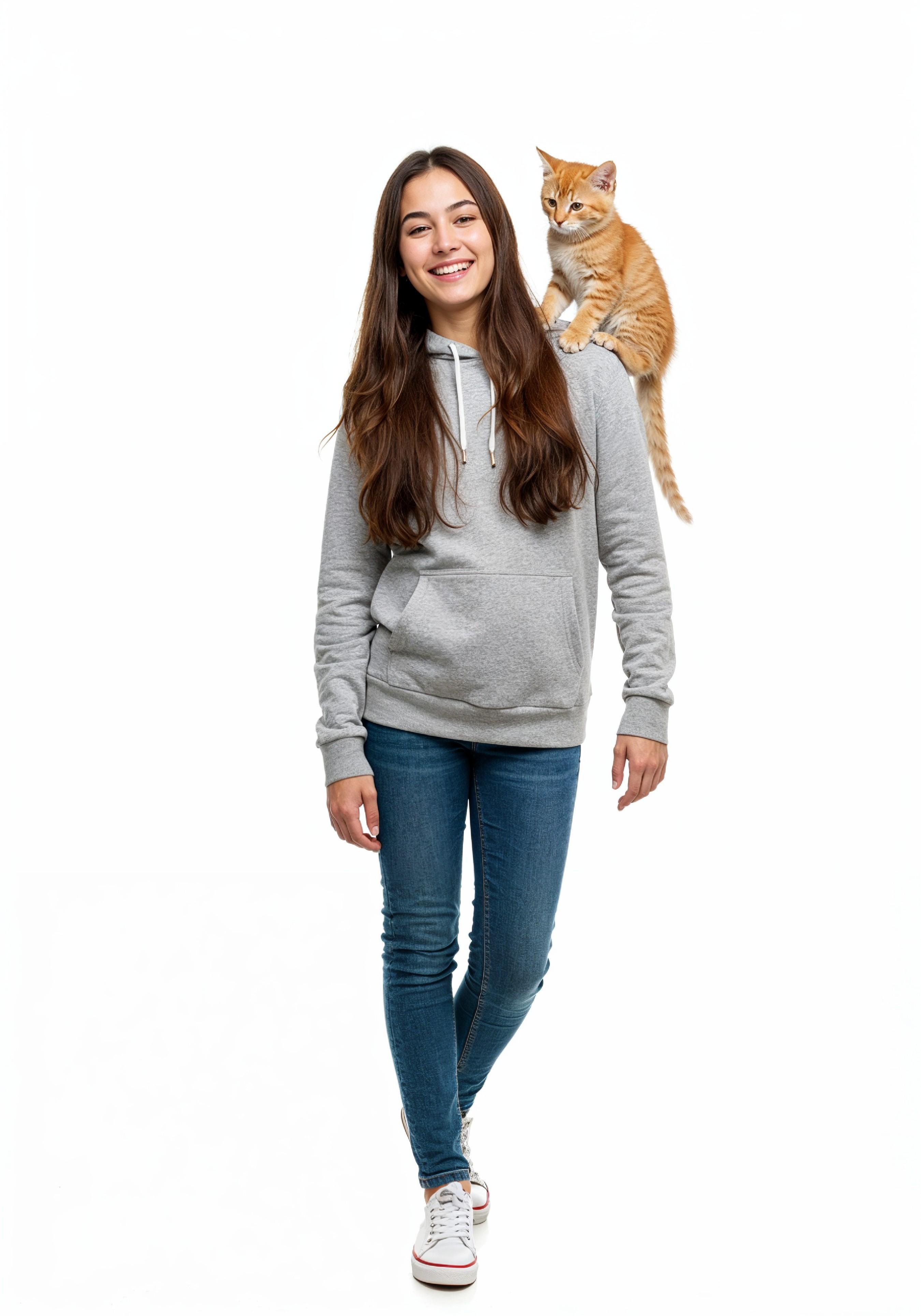 Young Woman Holding Pet Cat Lifestyle Portrait with Casual Fashion and Animal Companion