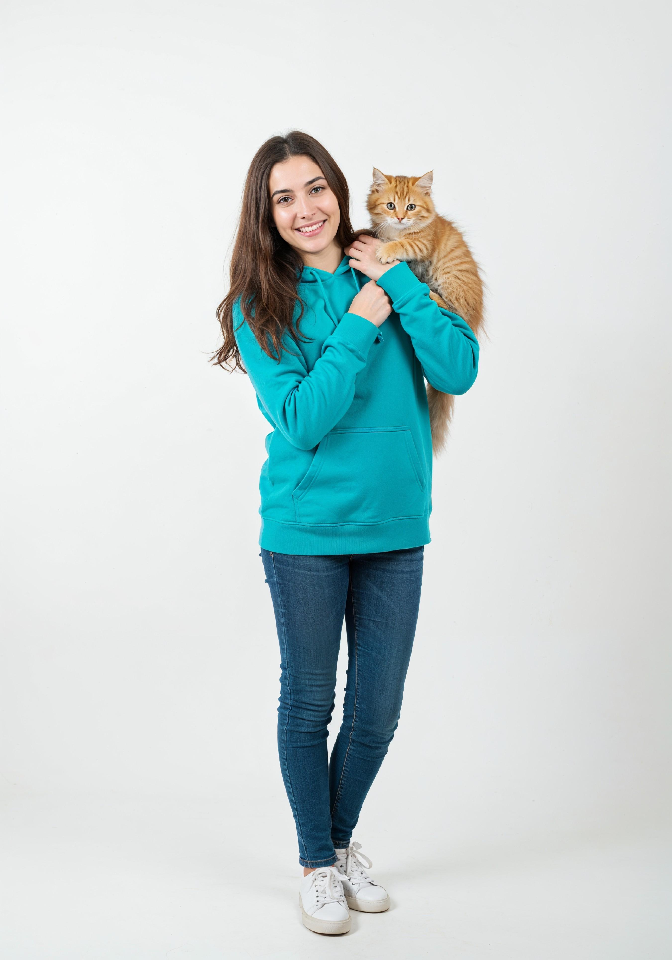 Young Woman Holding Pet Cat Lifestyle Portrait with Casual Fashion and Animal Companion
