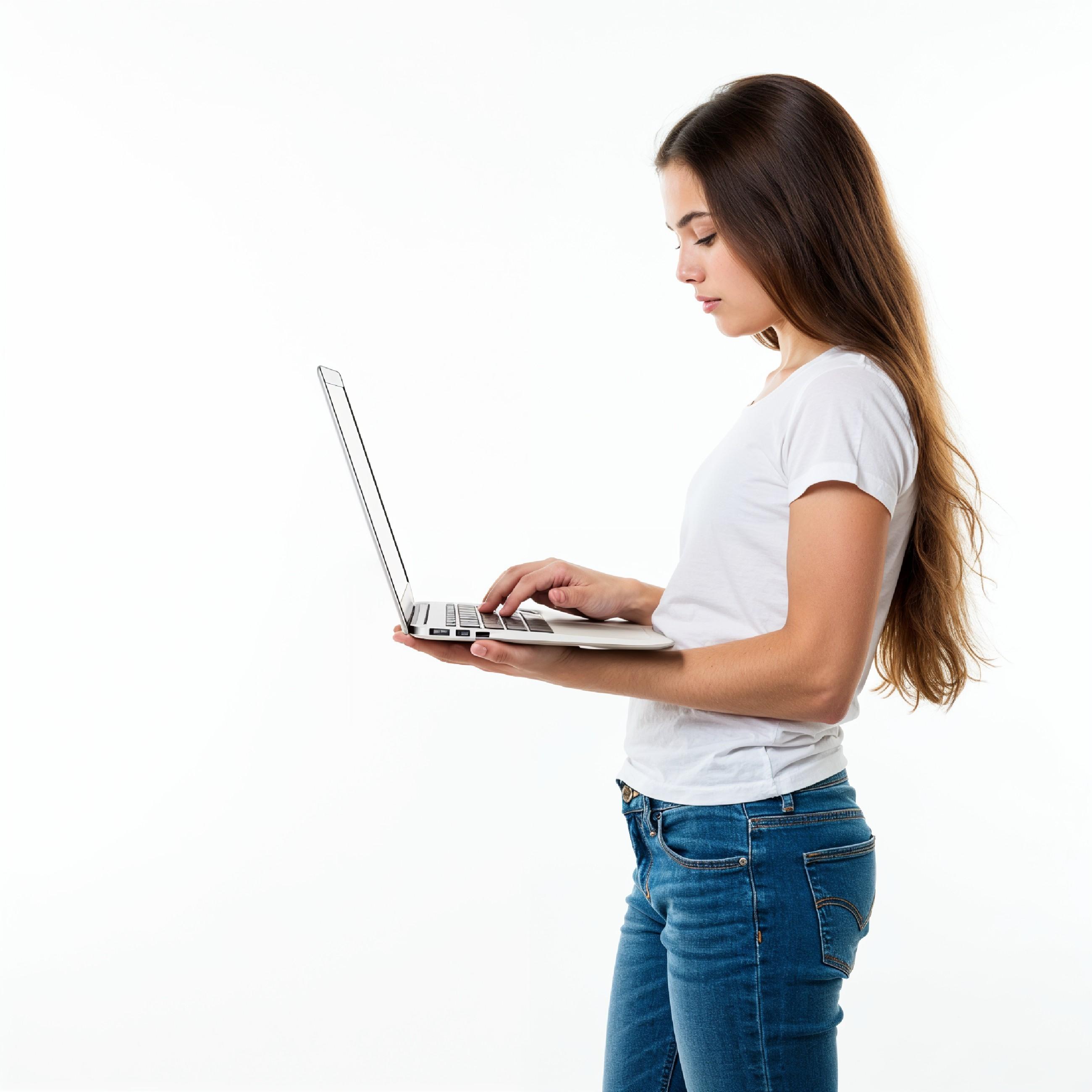 Young Woman Using Laptop While Standing Isolated on White Background, Technology Concept