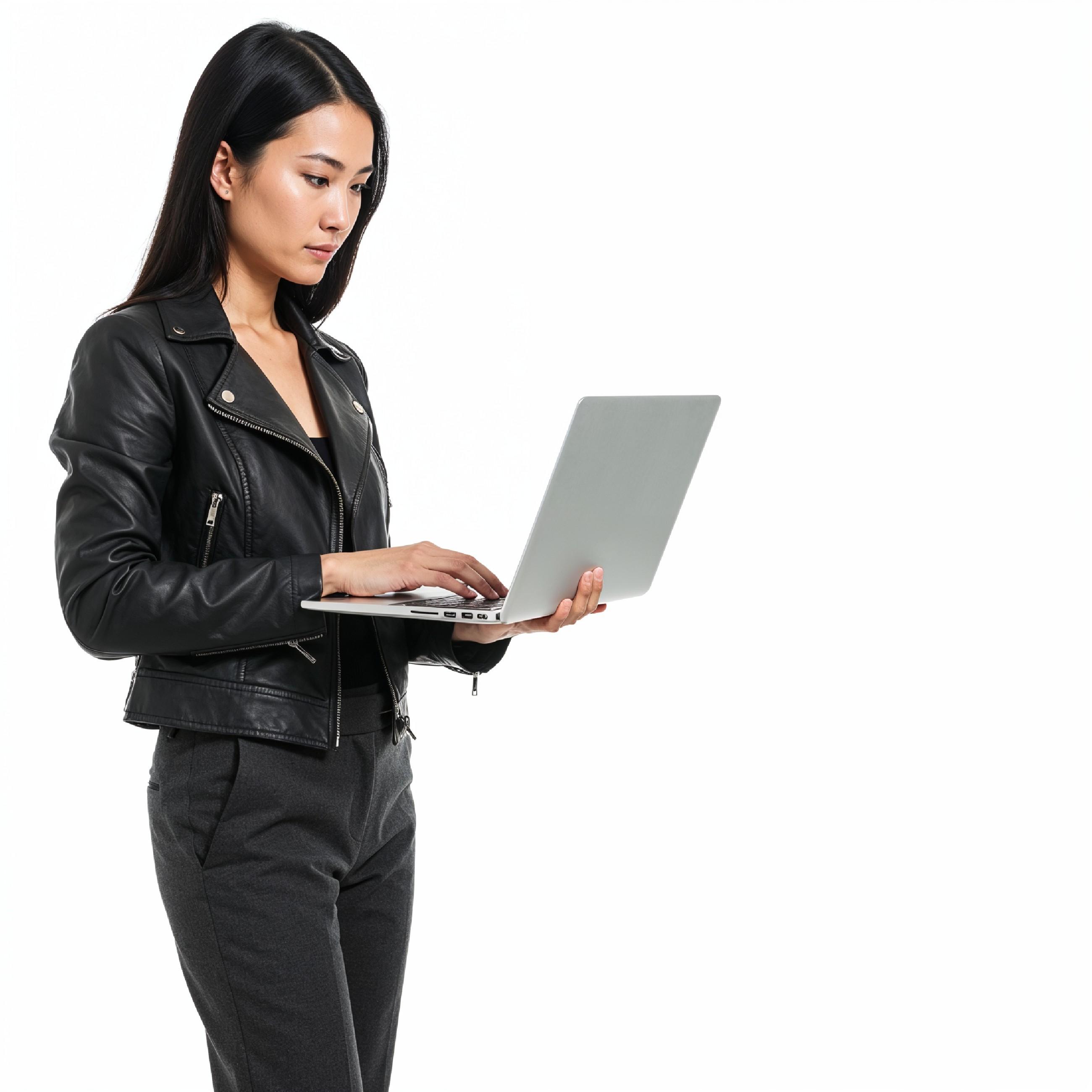 Young Woman Using Laptop While Standing Isolated on White Background, Technology Concept
