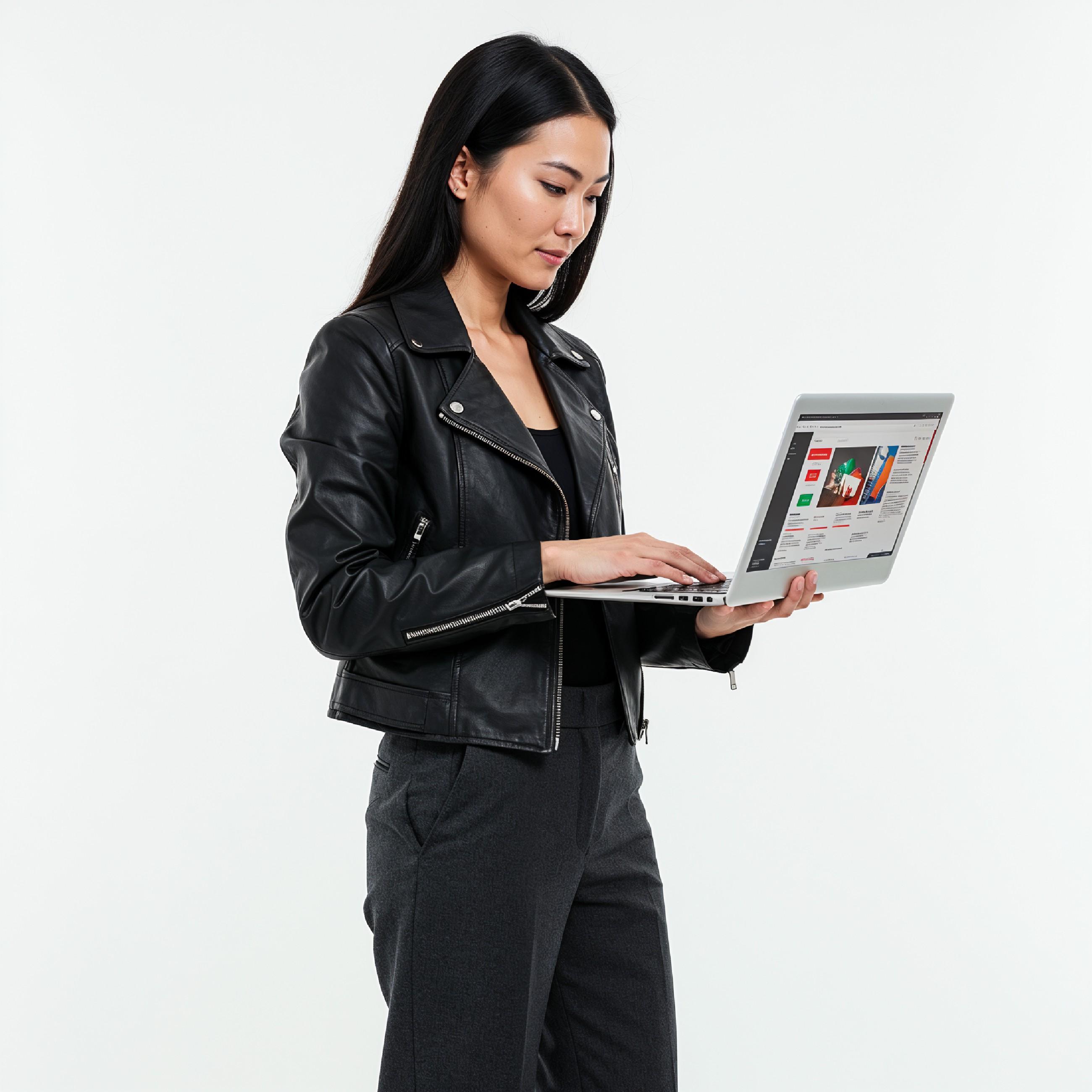 Young Woman Using Laptop While Standing Isolated on White Background, Technology Concept