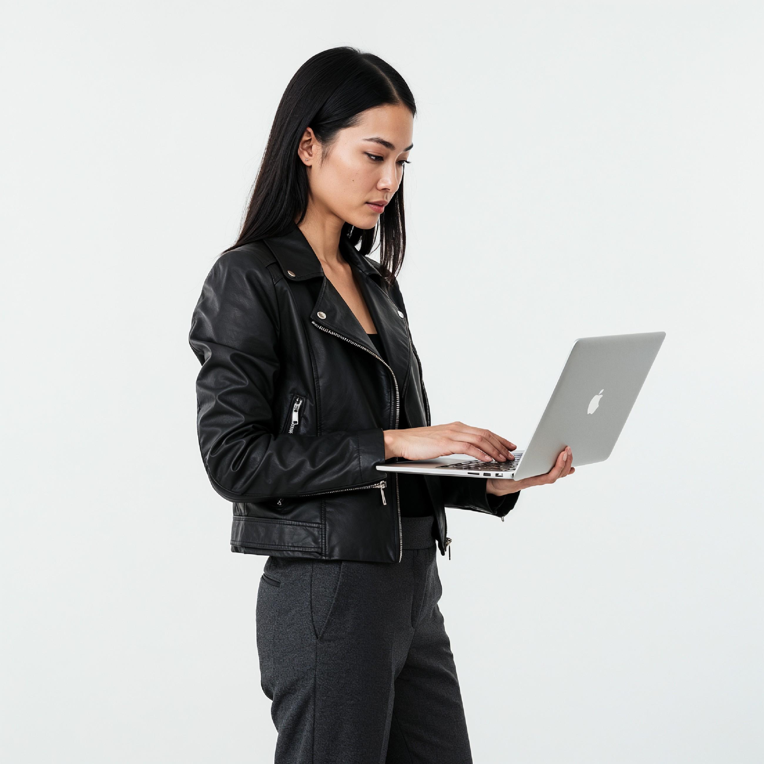 Young Woman Using Laptop While Standing Isolated on White Background, Technology Concept