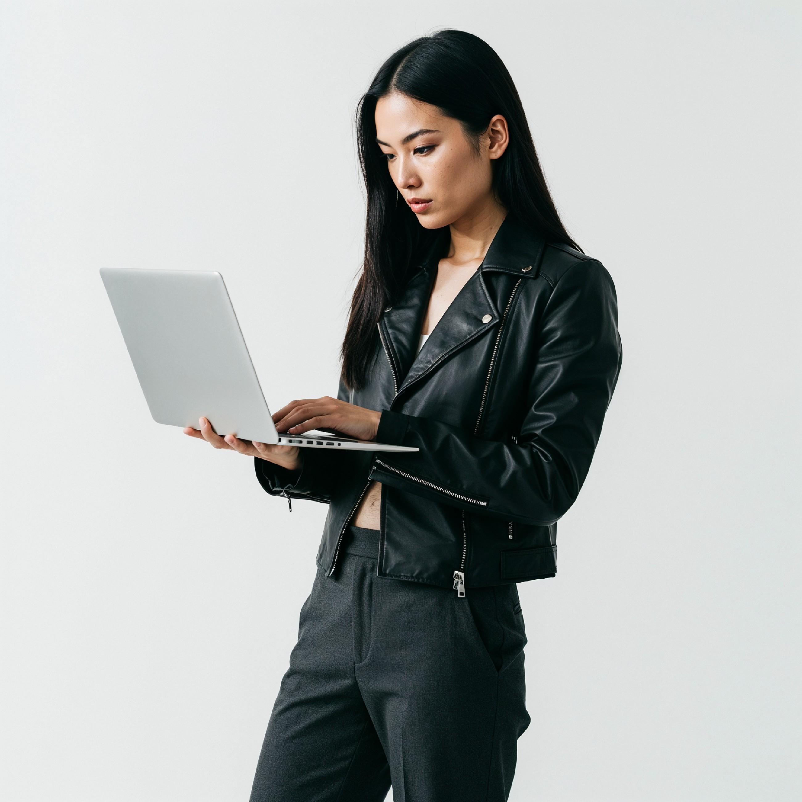 Young Woman Using Laptop While Standing Isolated on White Background, Technology Concept