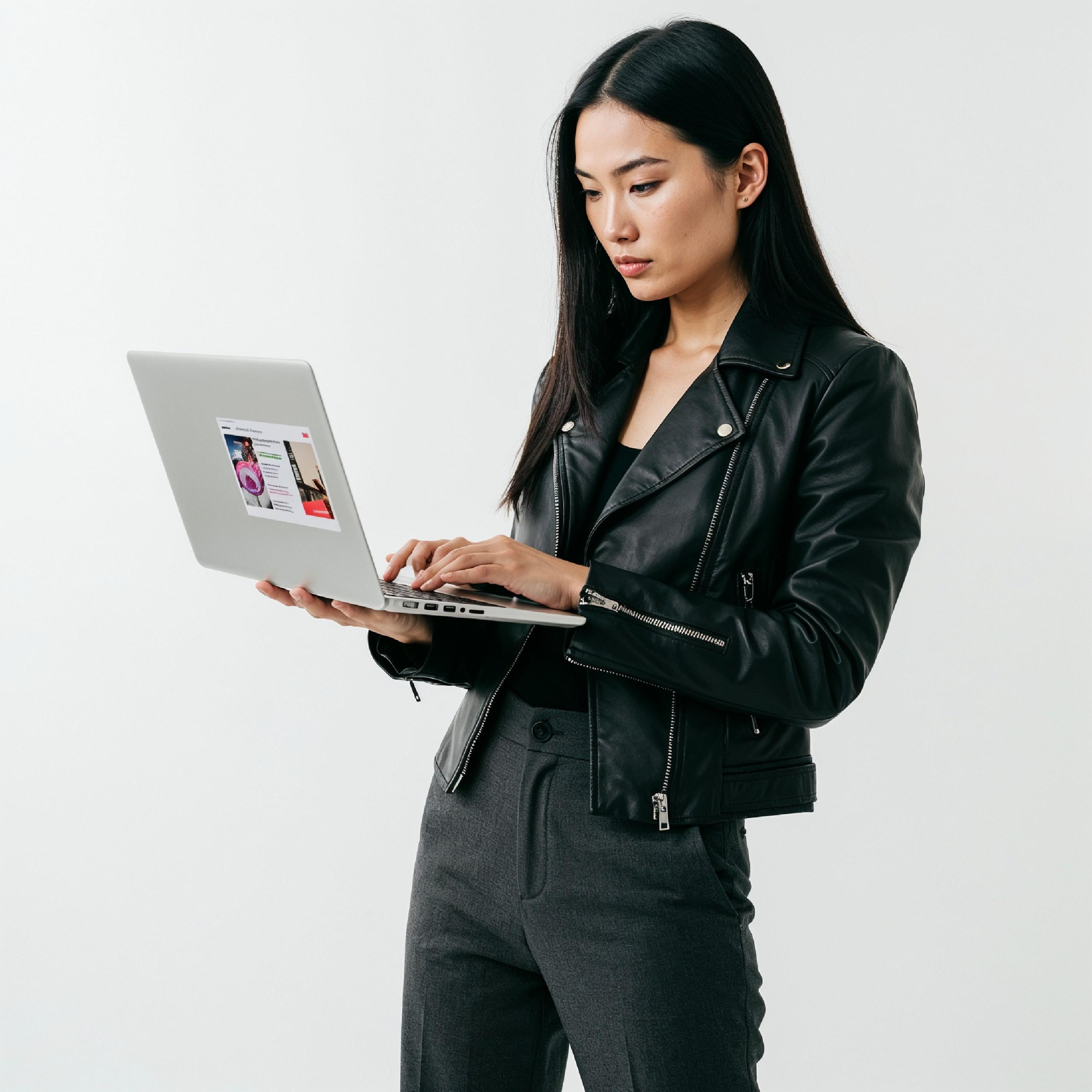 Young Woman Using Laptop While Standing Isolated on White Background, Technology Concept