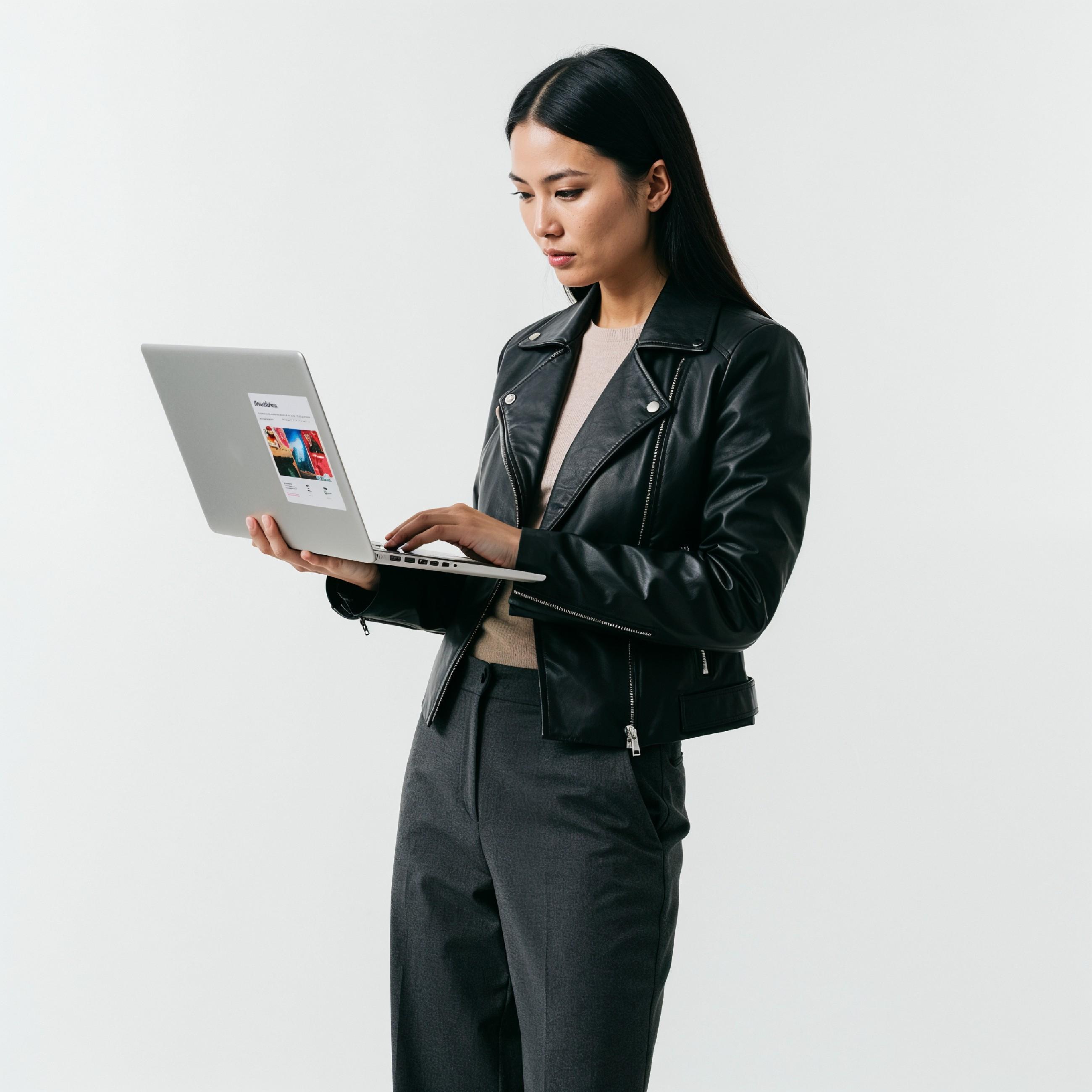 Young Woman Using Laptop While Standing Isolated on White Background, Technology Concept