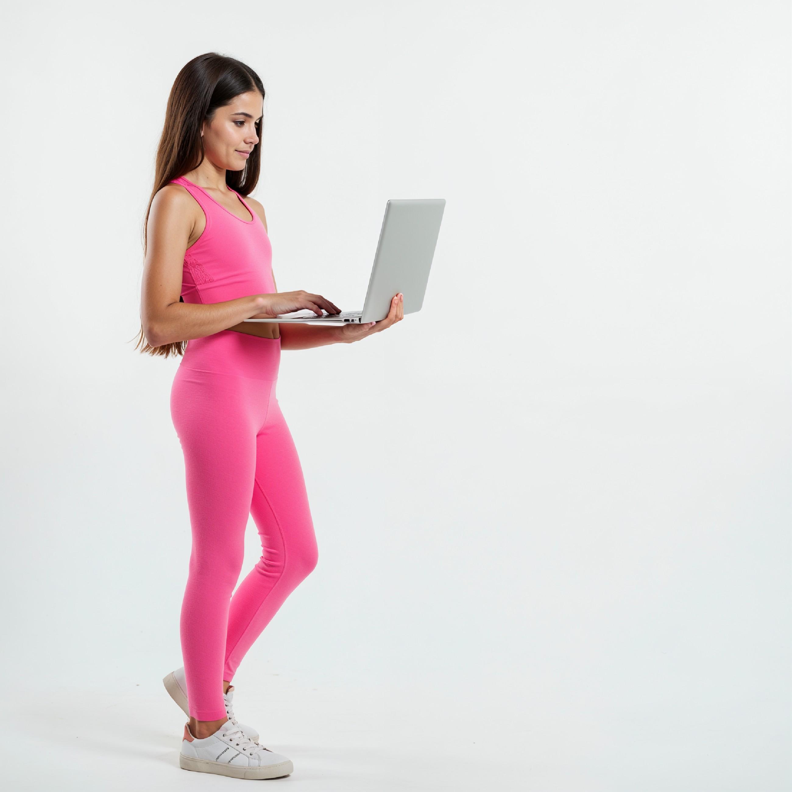 Young Woman Using Laptop While Standing Isolated on White Background, Technology Concept