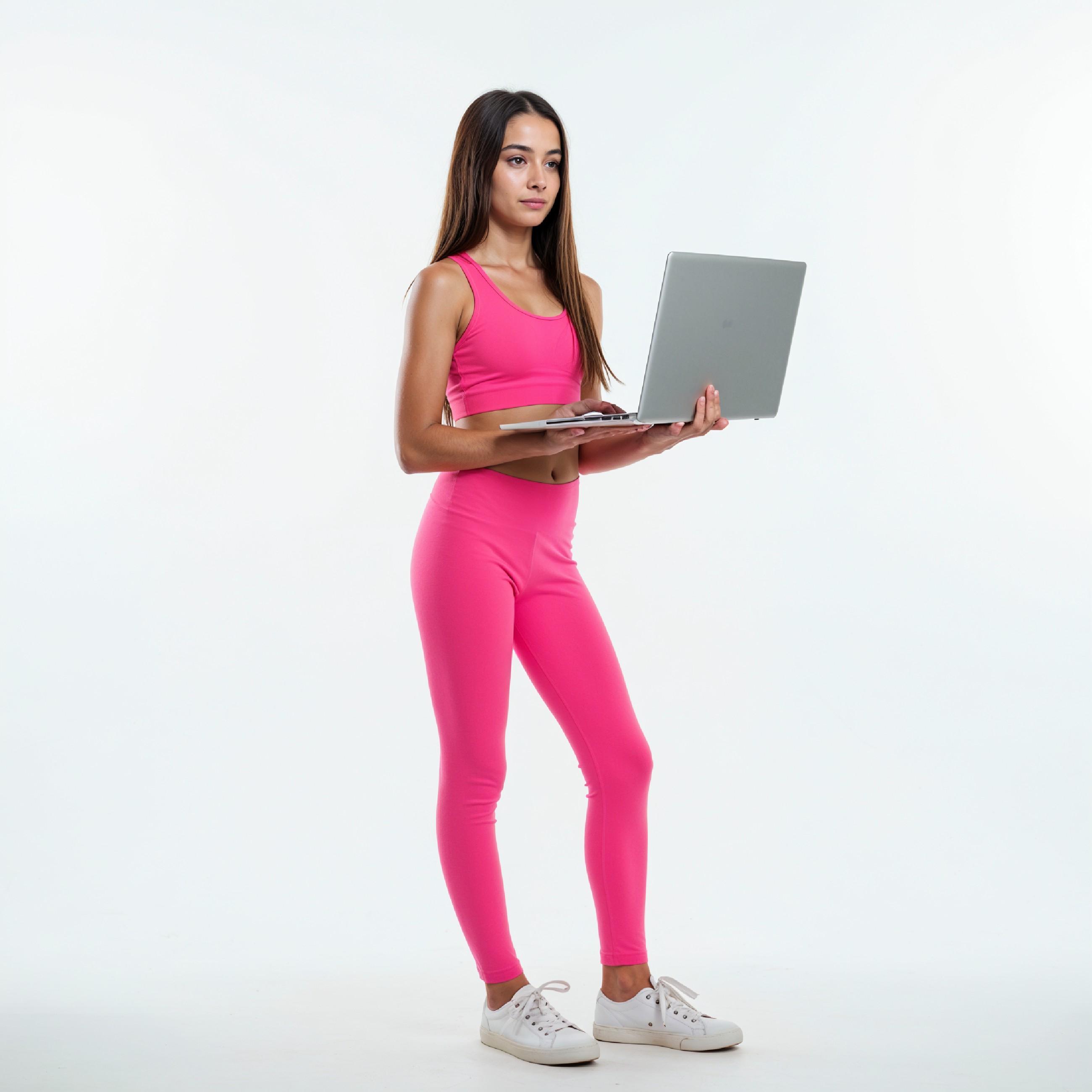 Young Woman Using Laptop While Standing Isolated on White Background, Technology Concept